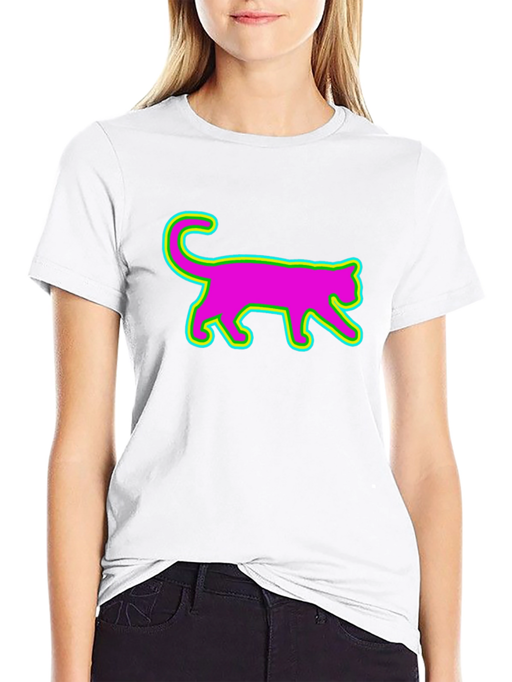 Vibrant Neon Cat Graphic Tee - Black