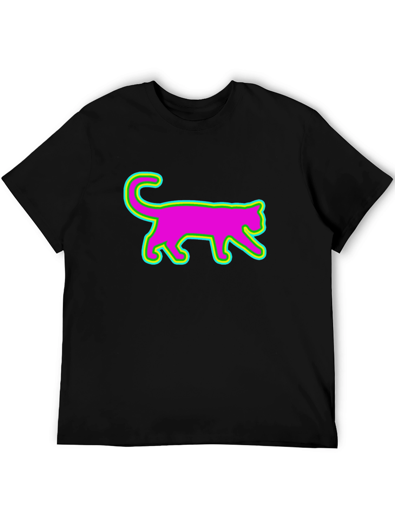 Vibrant Neon Cat Graphic Tee - Black