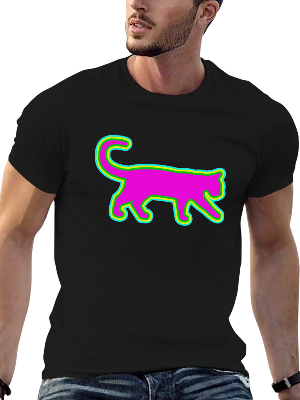 Vibrant Neon Cat Graphic Tee - Black