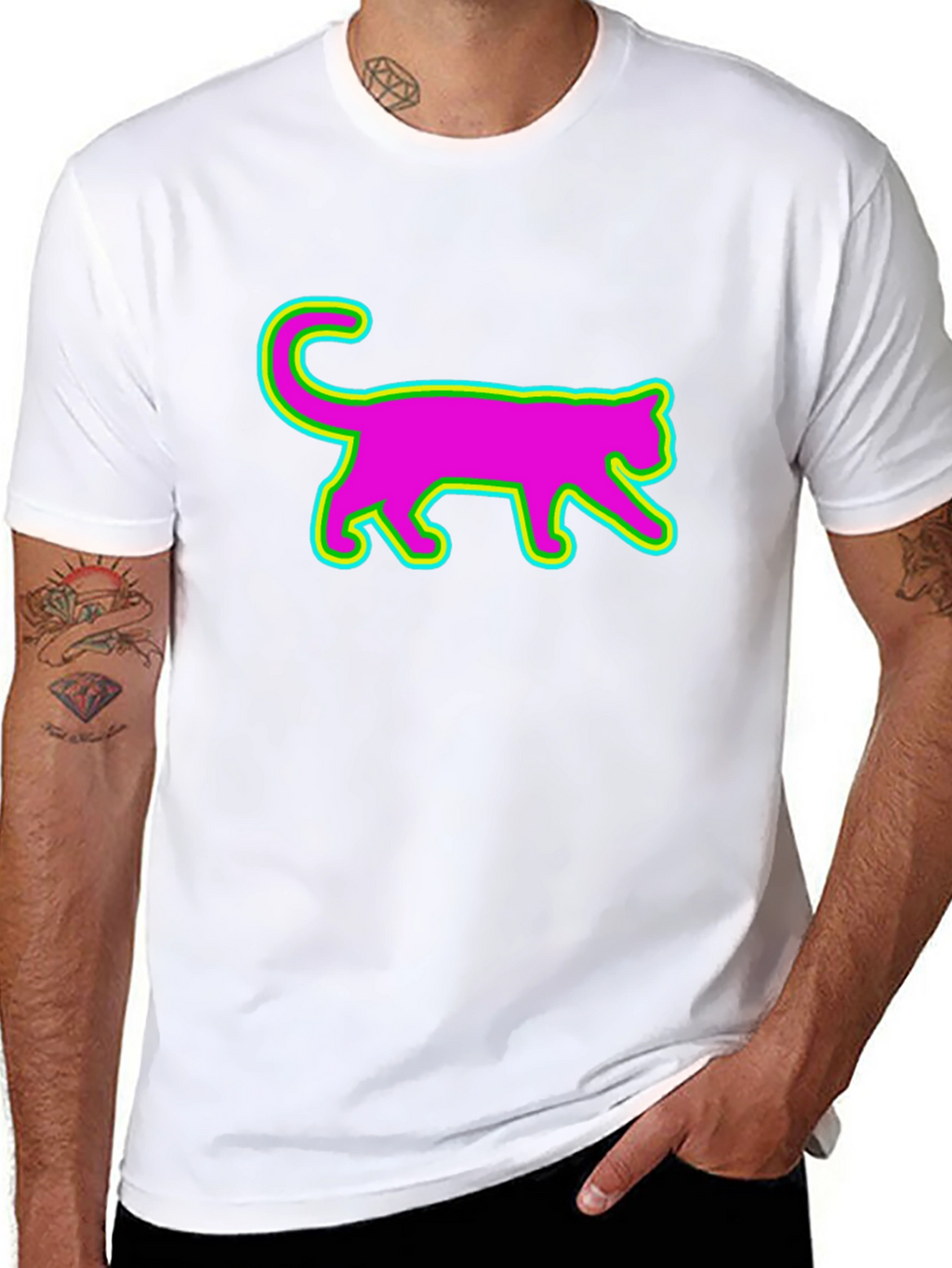 Vibrant Neon Cat Graphic Tee - Black