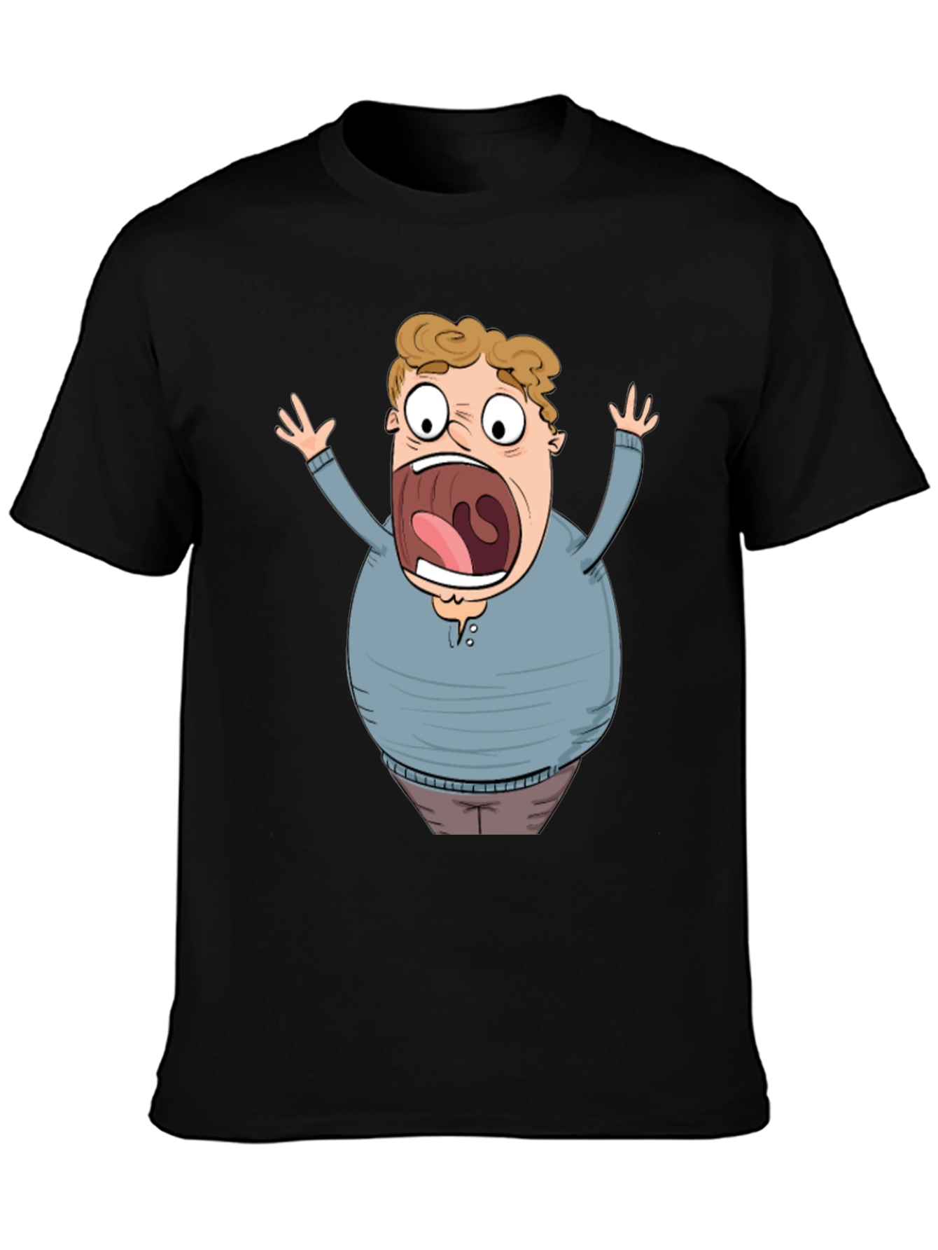 Cartoon Scared Man Graphic Black T-Shirt