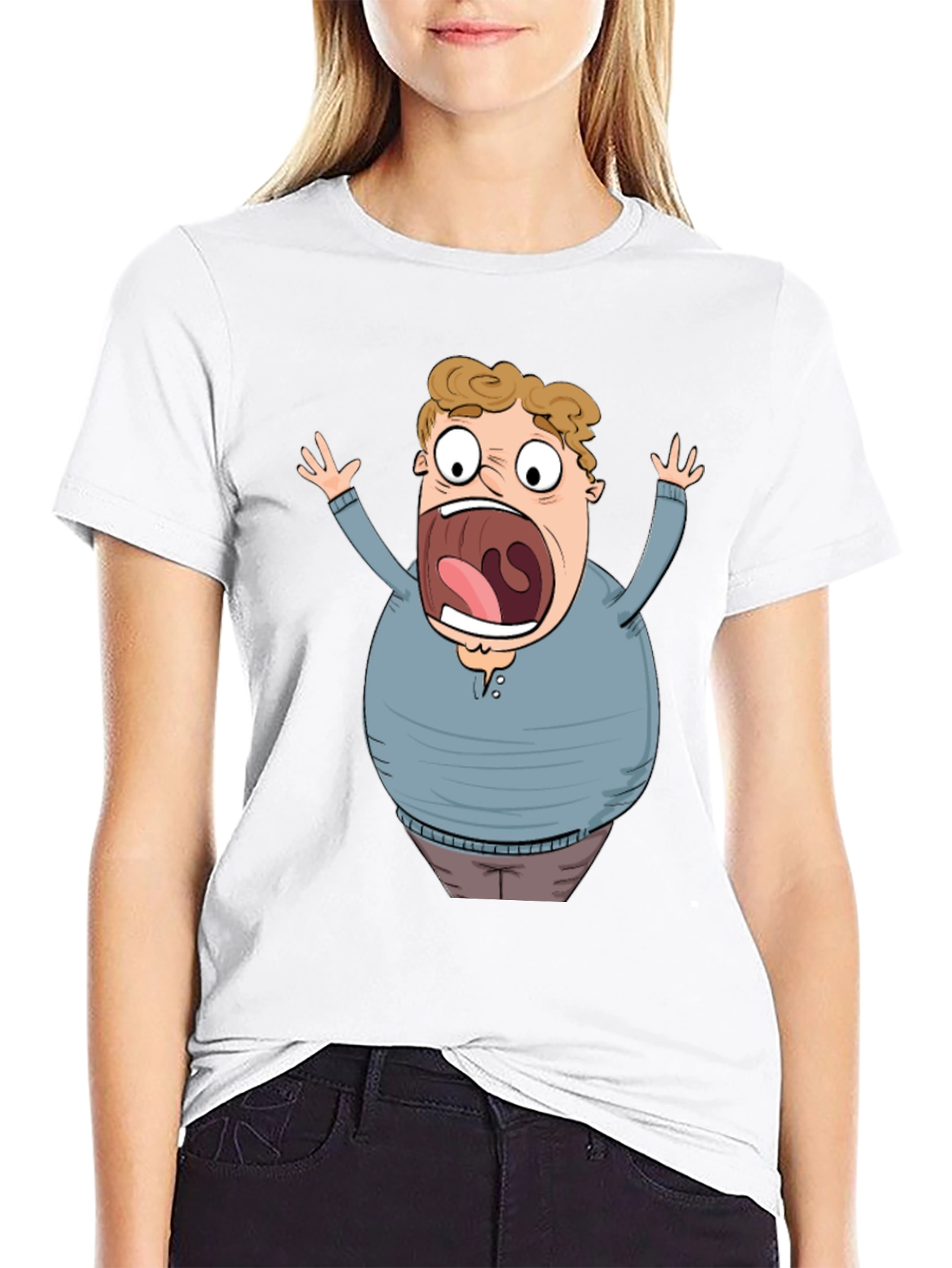 Cartoon Scared Man Graphic Black T-Shirt