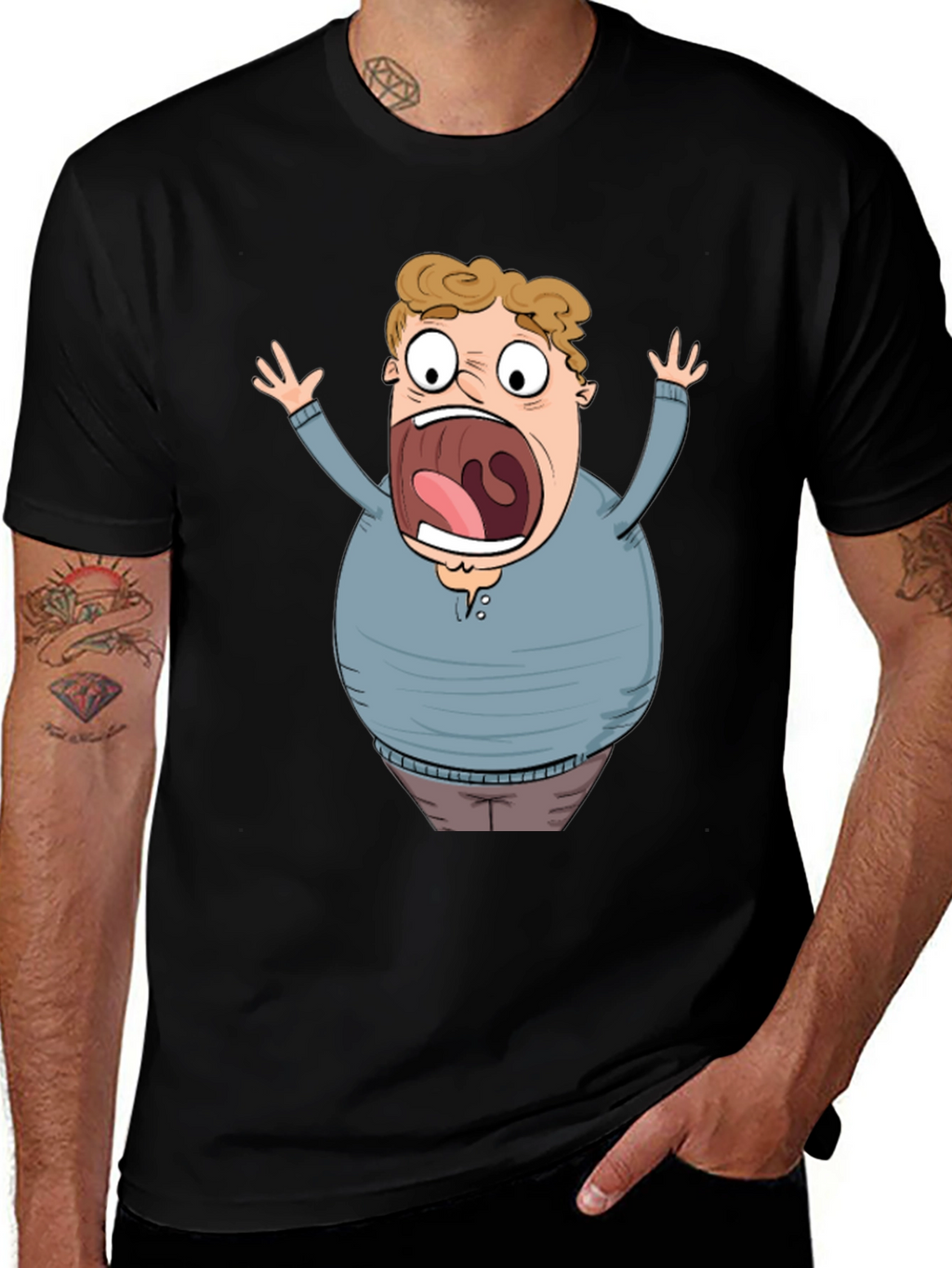 Cartoon Scared Man Graphic Black T-Shirt