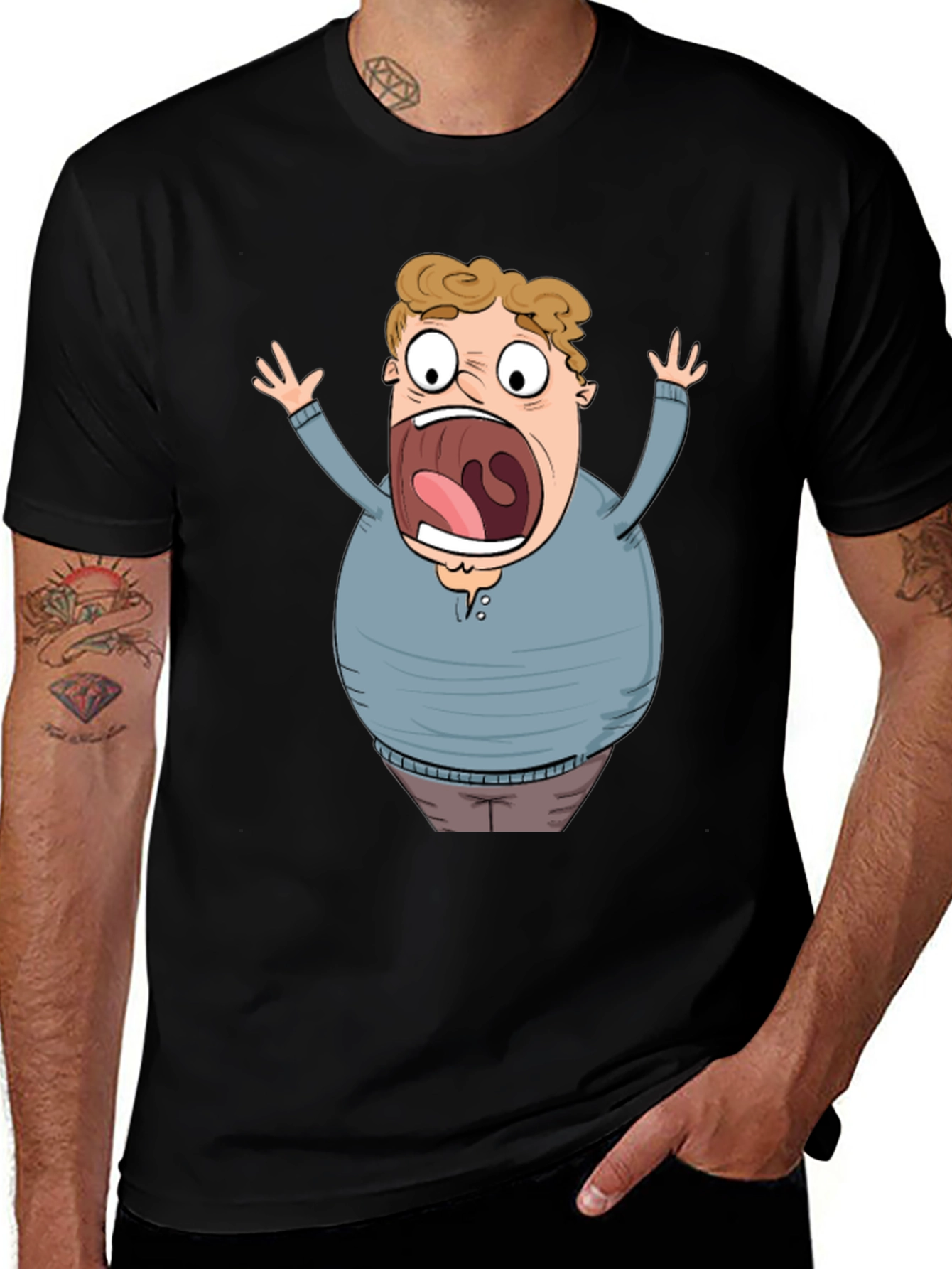 Cartoon Scared Man Graphic Black T-Shirt