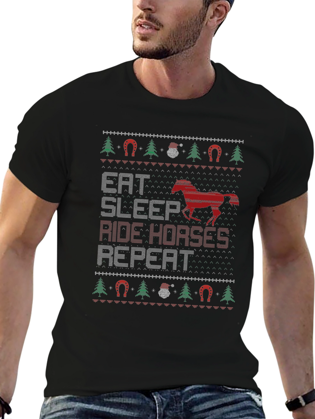 Eat Sleep Ride Horses Ugly Christmas T-Shirt