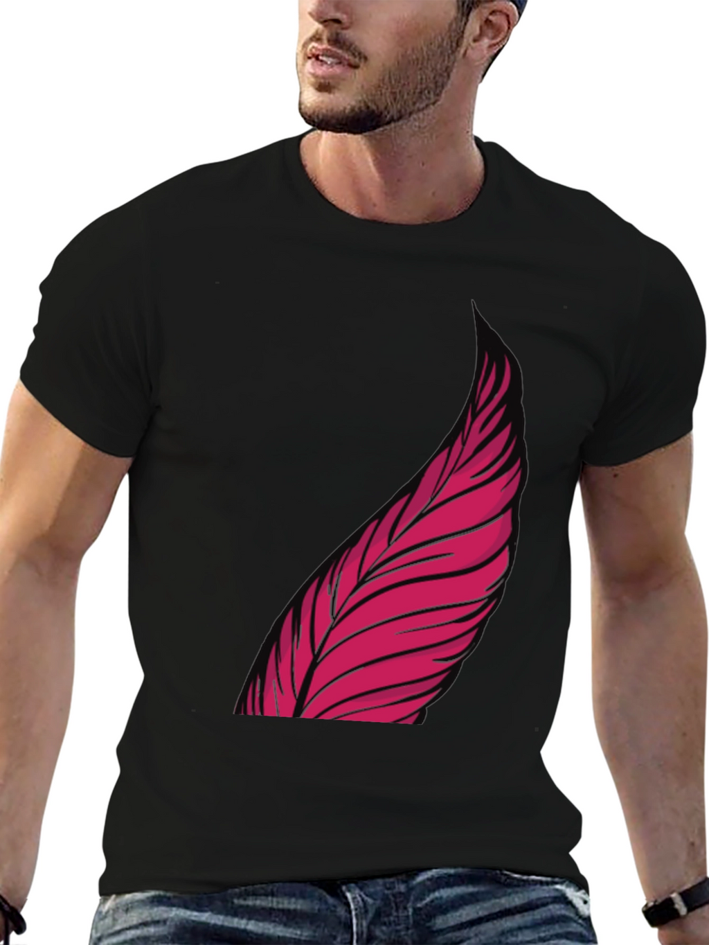 Mens Black Graphic Tee - Pink Feather Design