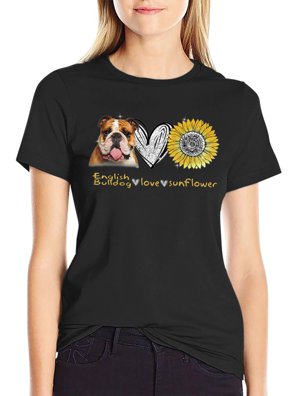 English Bulldog Love Sunflower Graphic T-Shirt