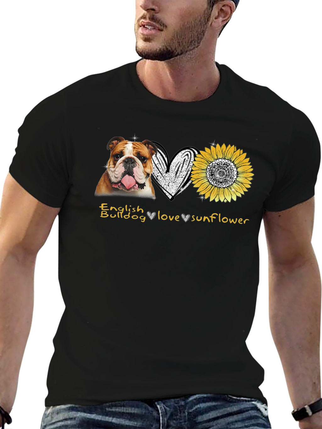 English Bulldog Love Sunflower Graphic T-Shirt