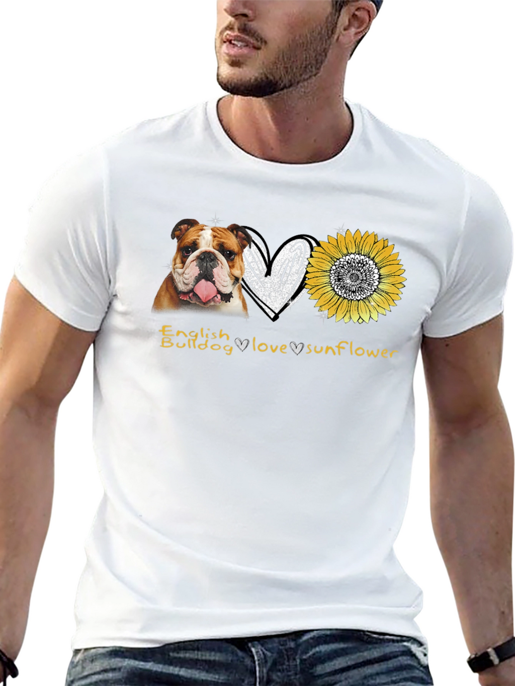 English Bulldog Love Sunflower Graphic T-Shirt