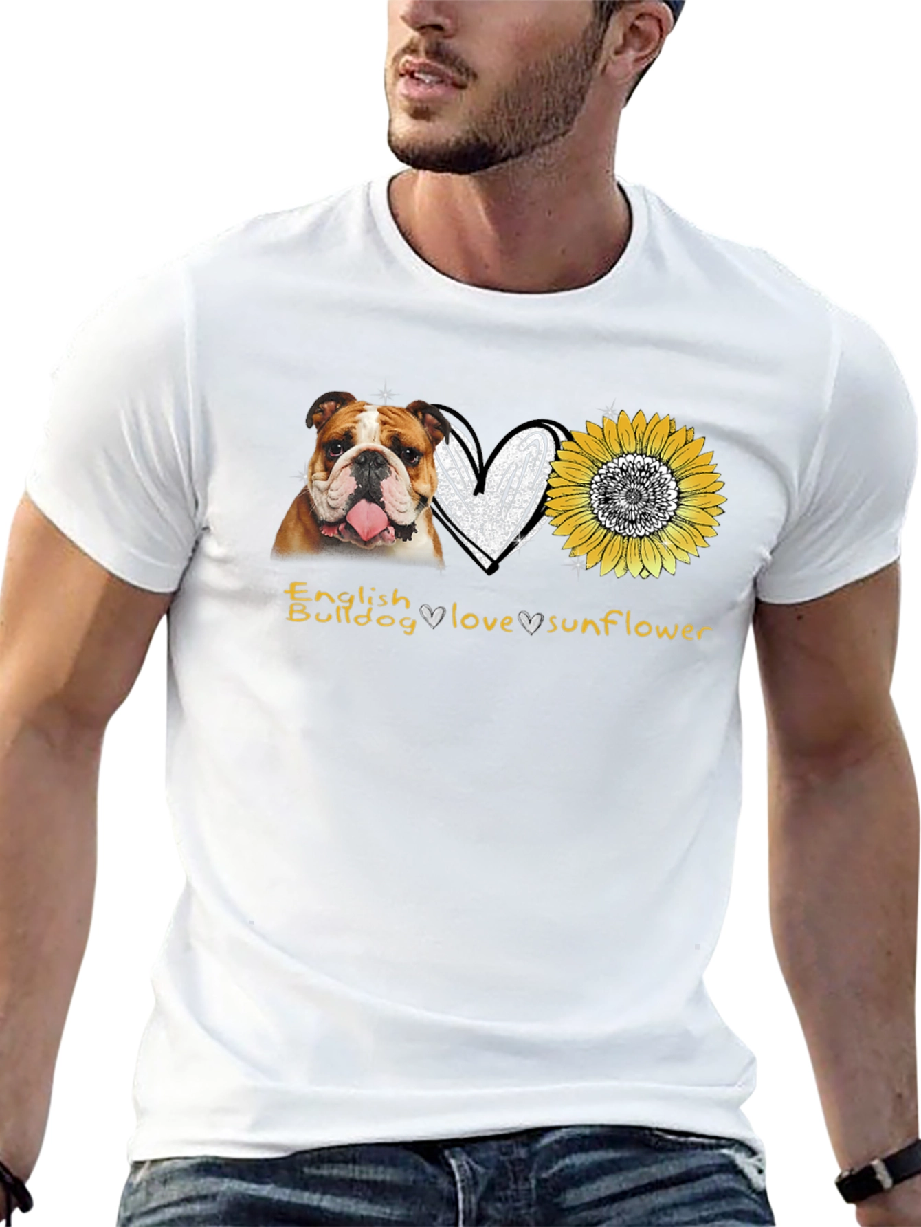 English Bulldog Love Sunflower Graphic T-Shirt