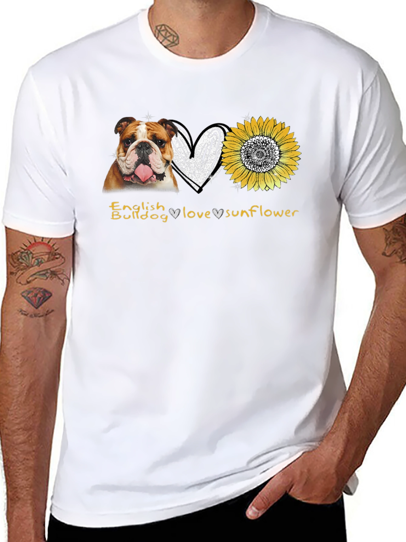 English Bulldog Love Sunflower Graphic T-Shirt