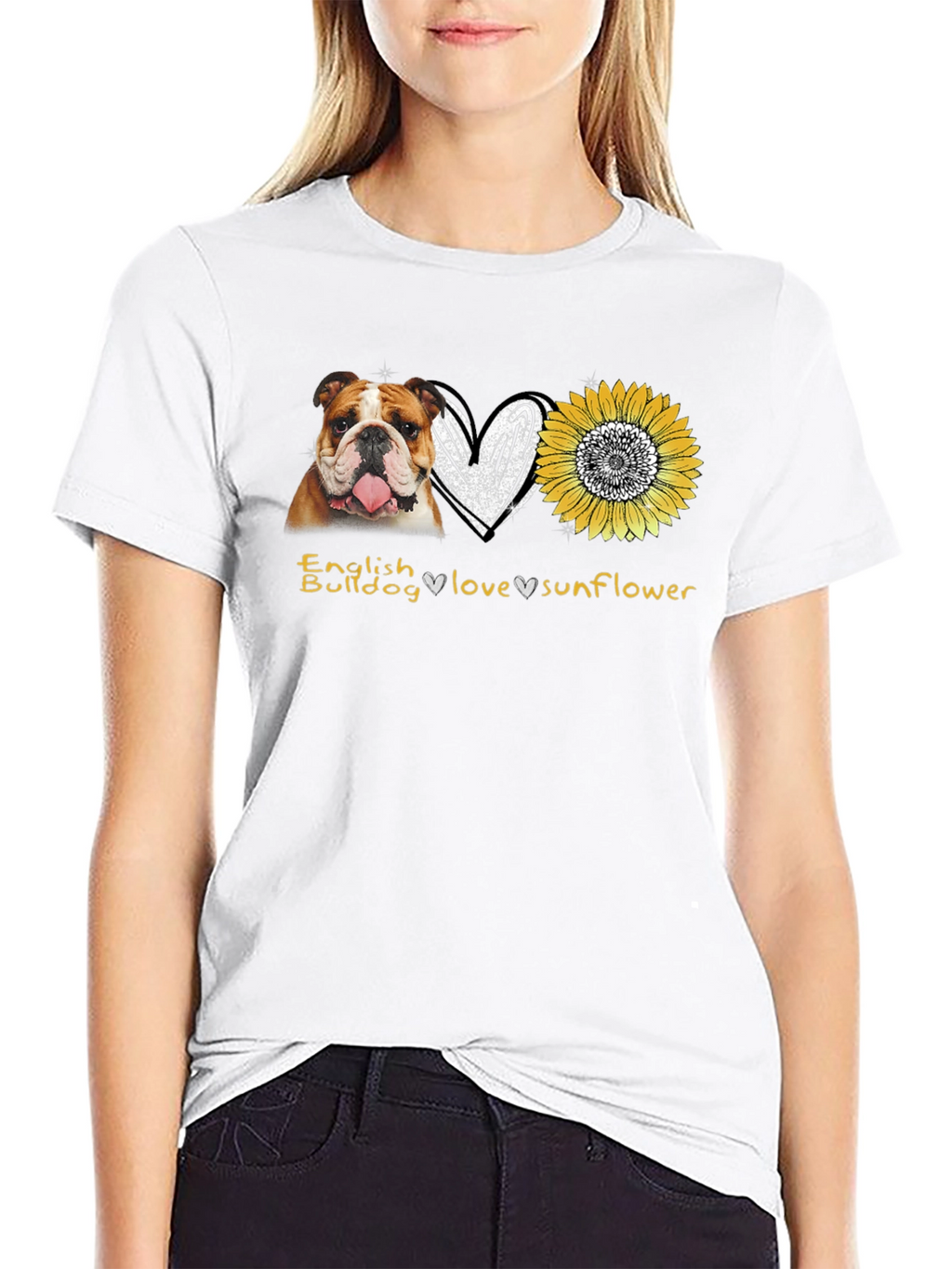 English Bulldog Love Sunflower Graphic T-Shirt