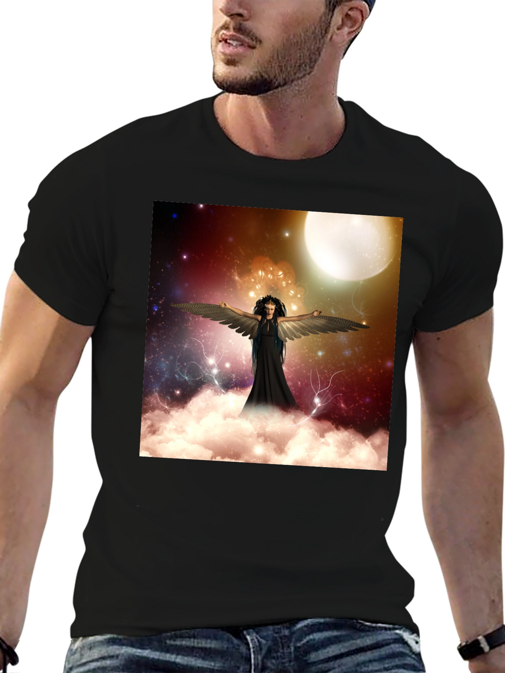 Celestial Angel Graphic Tee - Black Cotton T-Shirt