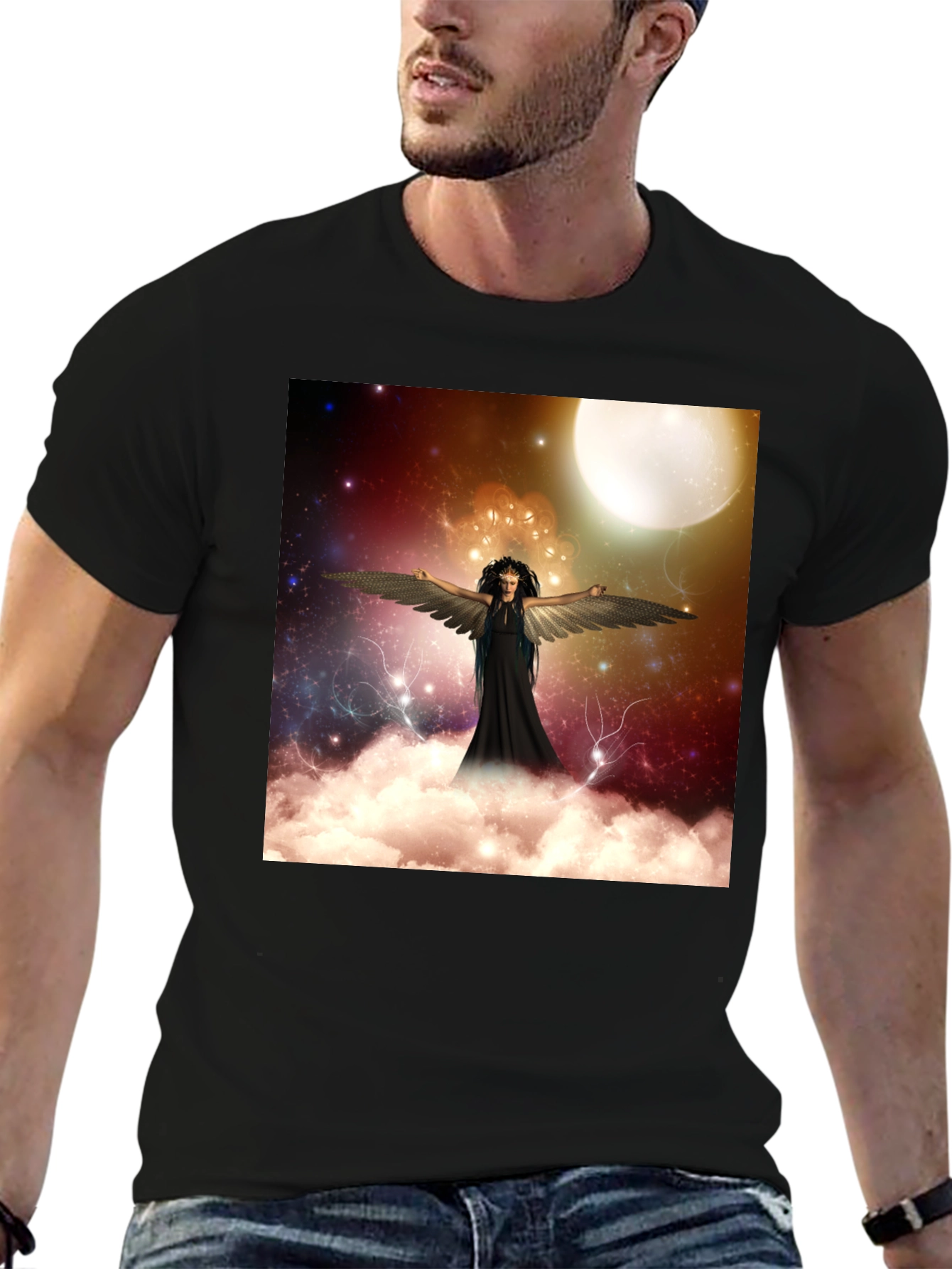 Celestial Angel Graphic Tee - Black Cotton T-Shirt
