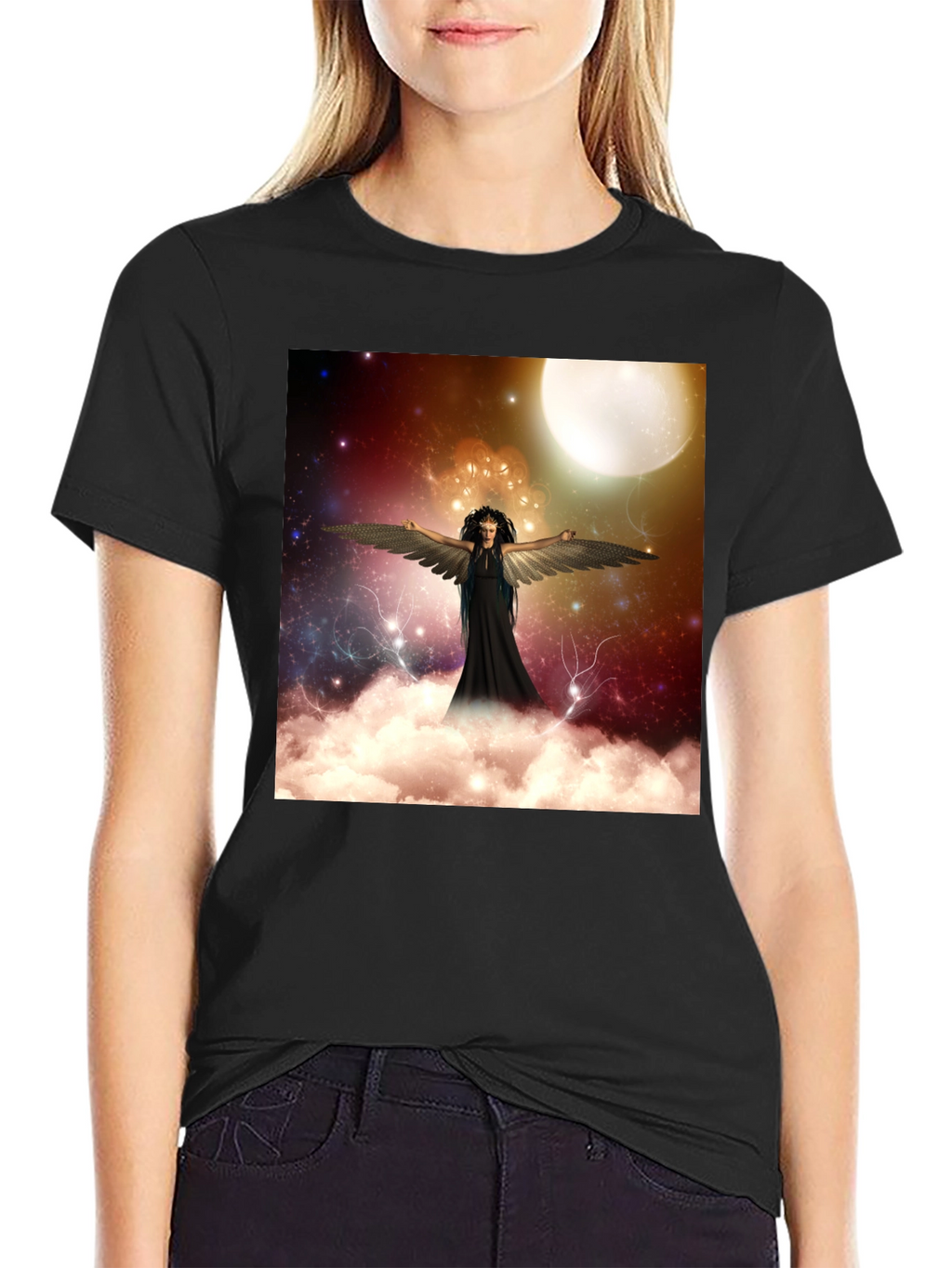 Celestial Angel Graphic Tee - Black Cotton T-Shirt