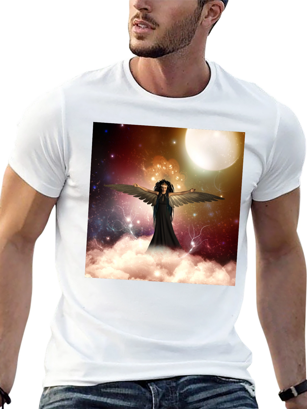 Celestial Angel Graphic Tee - Black Cotton T-Shirt