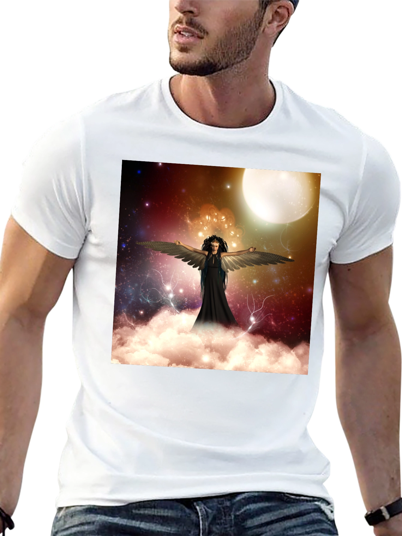 Celestial Angel Graphic Tee - Black Cotton T-Shirt