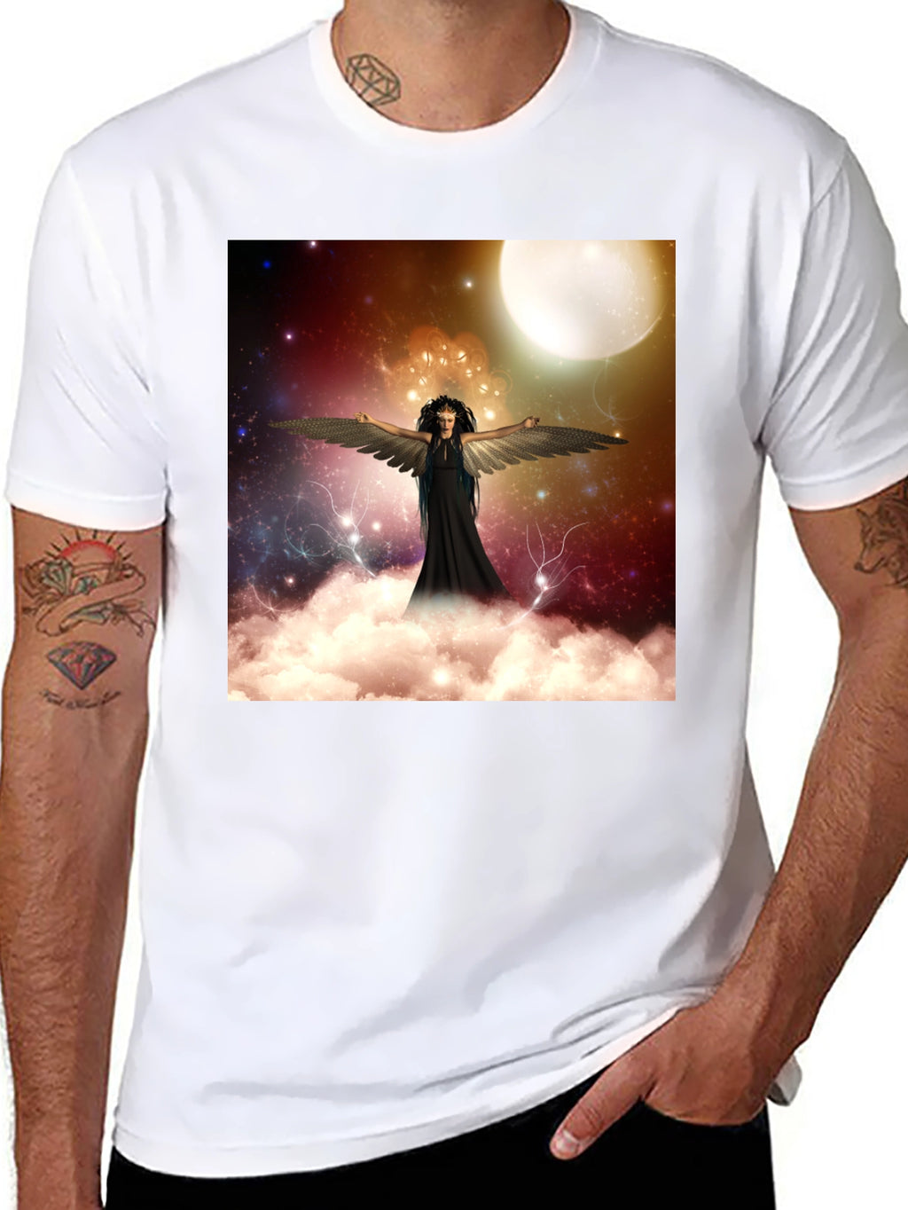 Celestial Angel Graphic Tee - Black Cotton T-Shirt