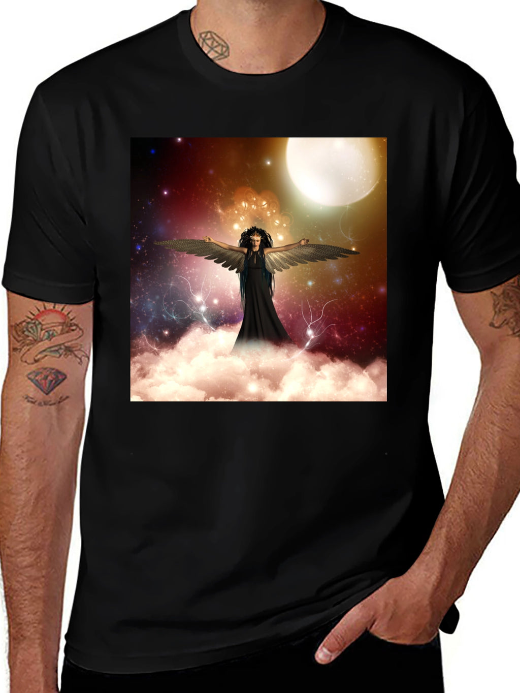 Celestial Angel Graphic Tee - Black Cotton T-Shirt