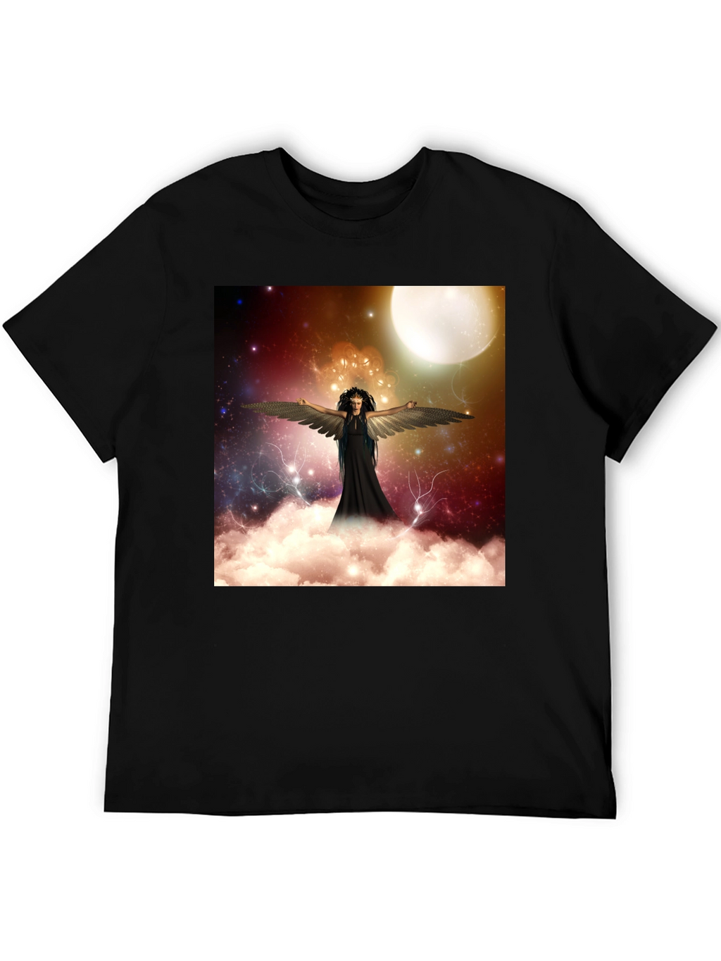 Celestial Angel Graphic Tee - Black Cotton T-Shirt