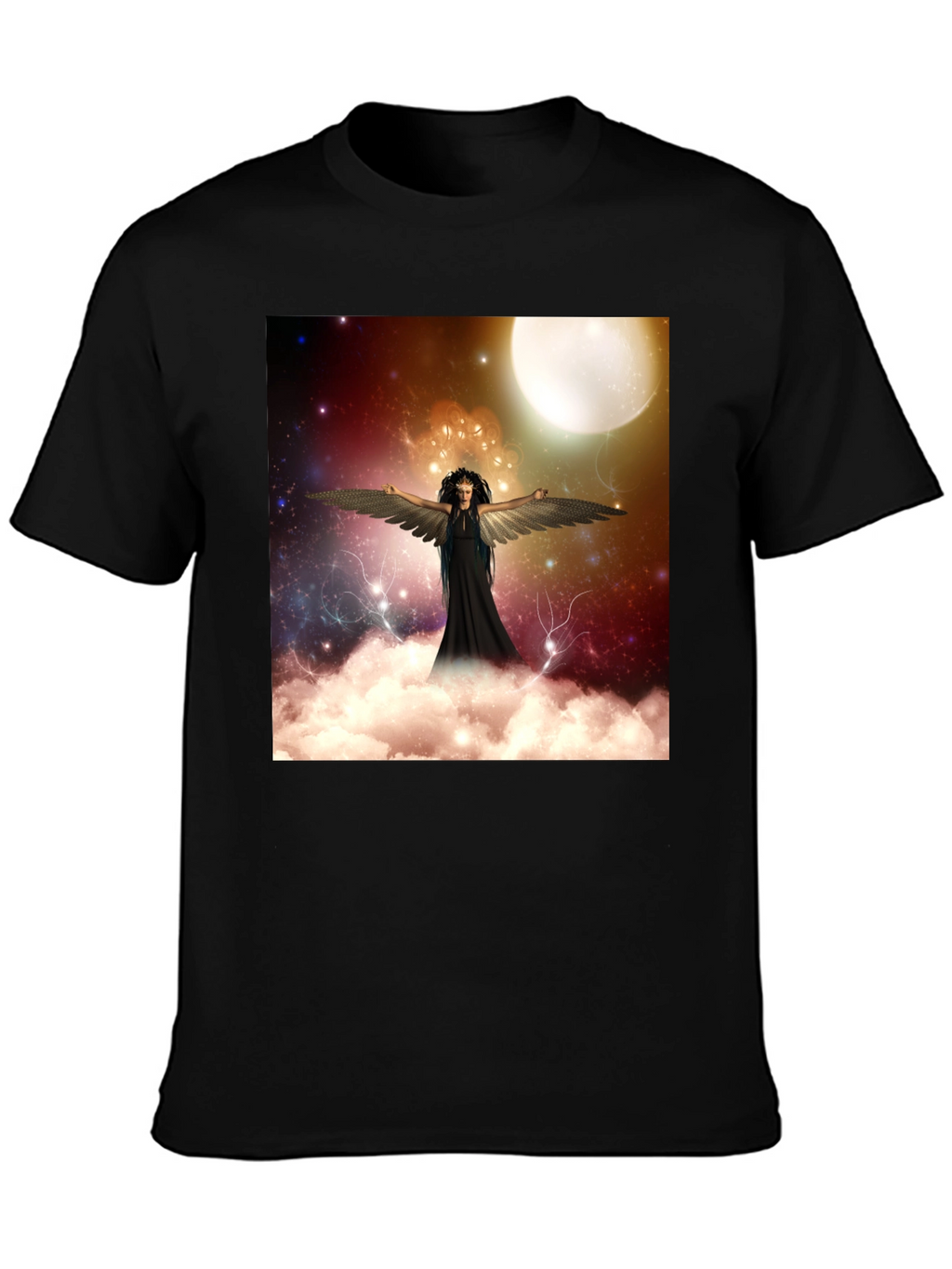 Celestial Angel Graphic Tee - Black Cotton T-Shirt