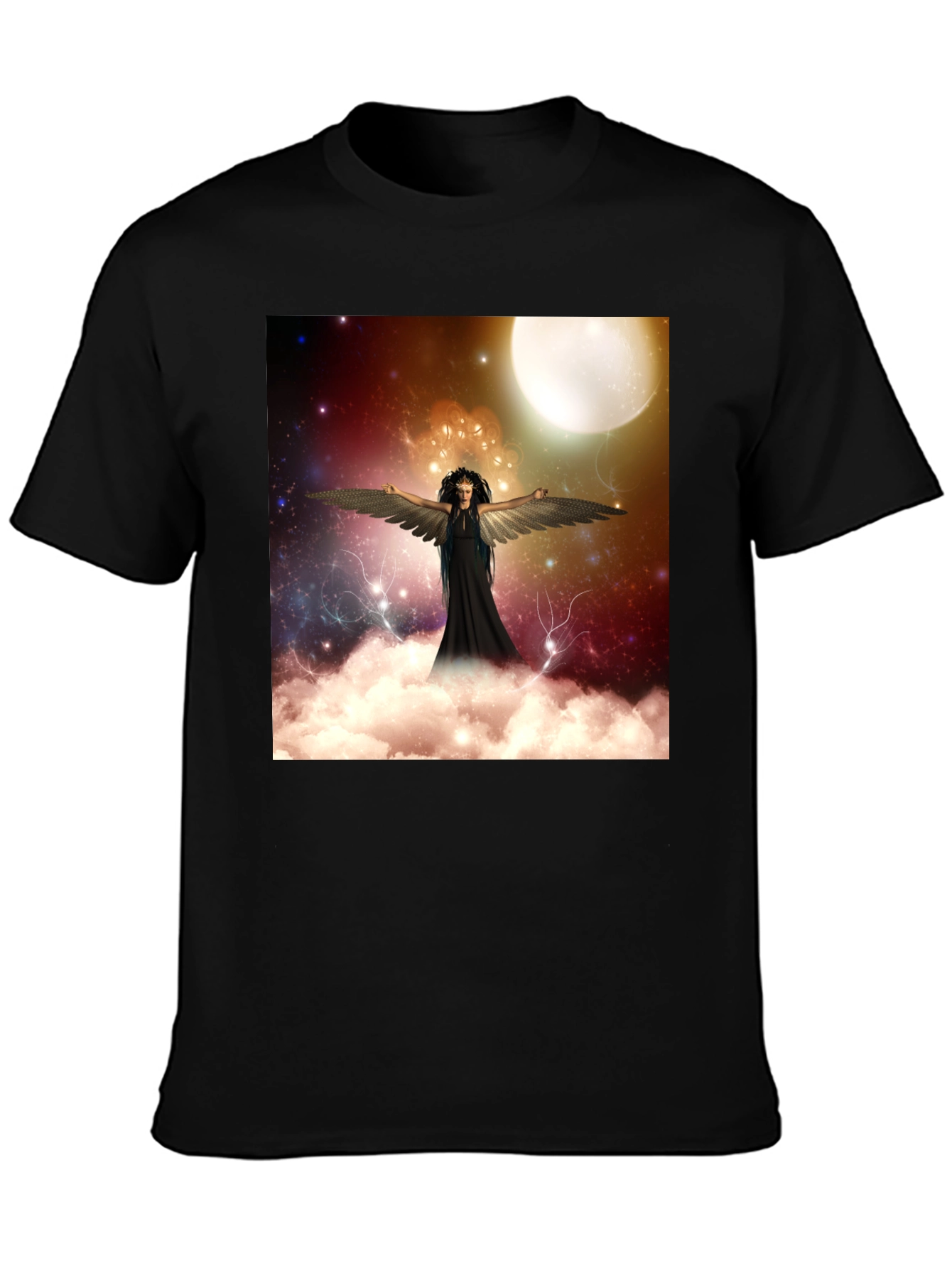 Celestial Angel Graphic Tee - Black Cotton T-Shirt