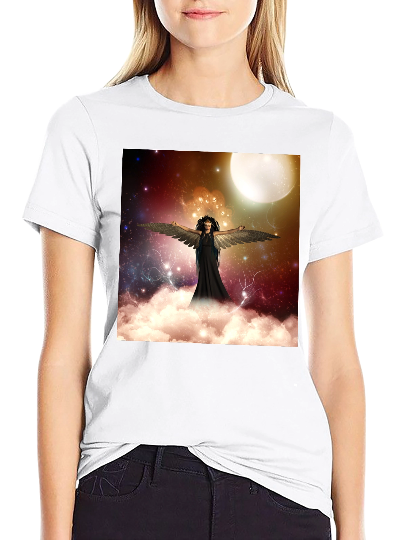 Celestial Angel Graphic Tee - Black Cotton T-Shirt