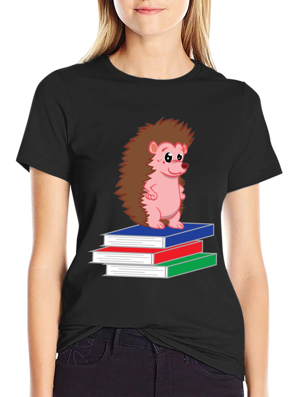 Hedgehog on Books Black T-Shirt