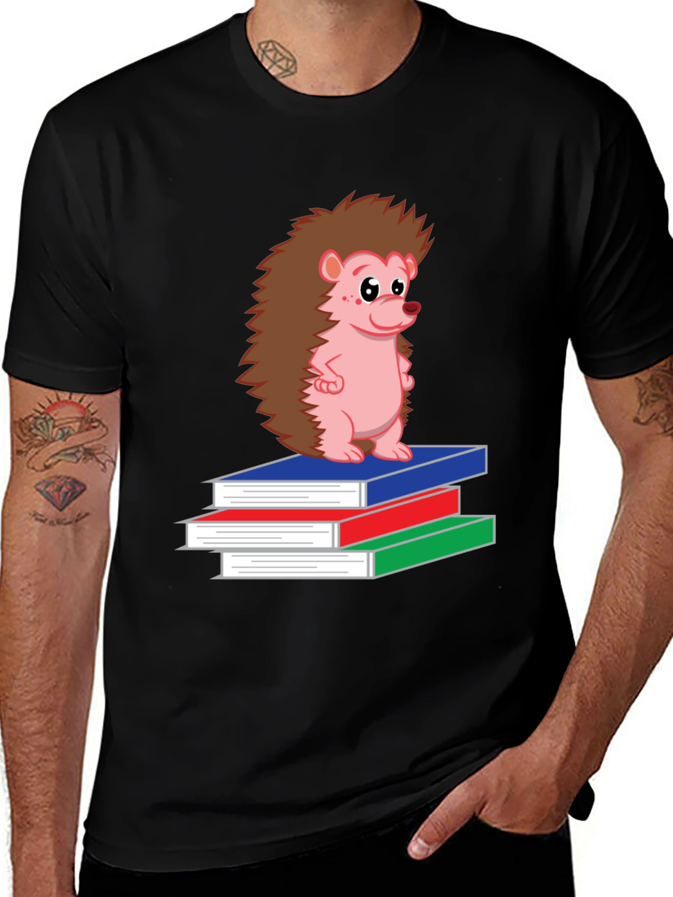 Hedgehog on Books Black T-Shirt