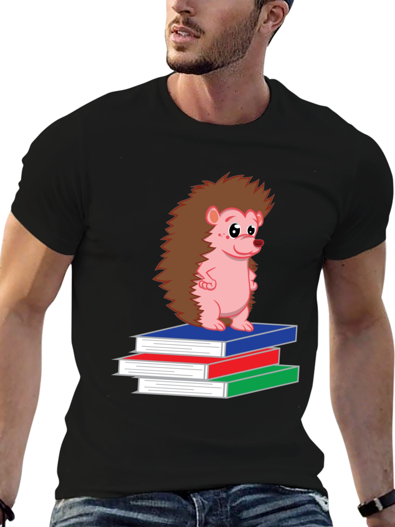 Hedgehog on Books Black T-Shirt