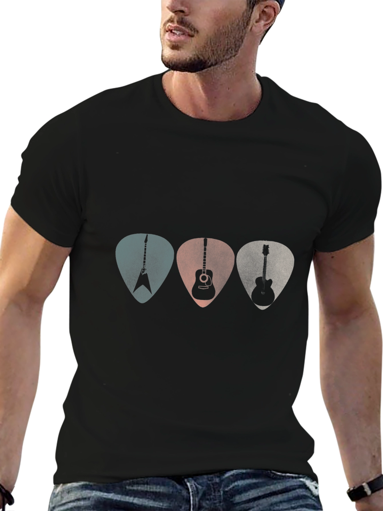 Guitar Pick Trio Graphic Tee - Black Cotton Shirt