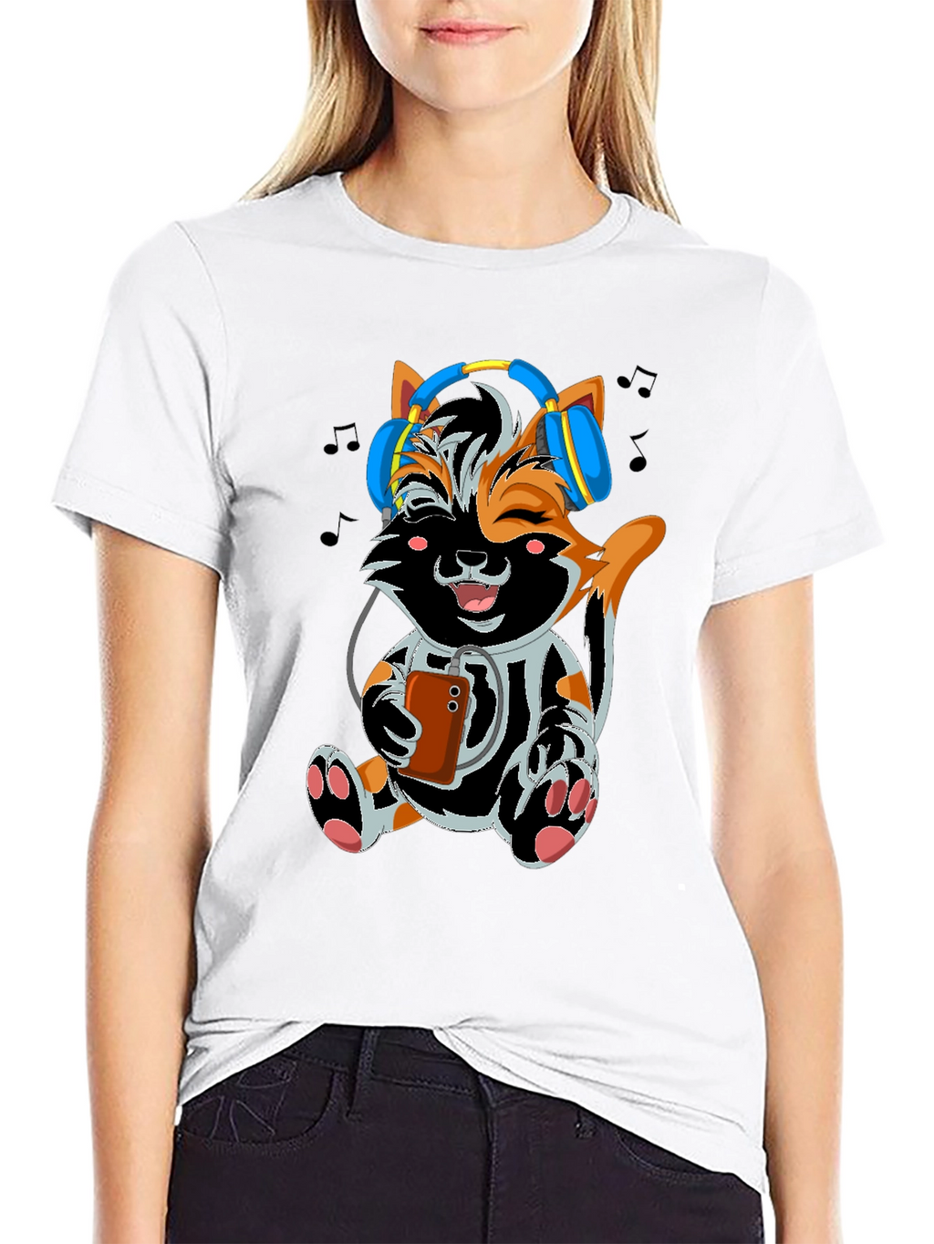 Cute Cat with Headphones Black T-shirt