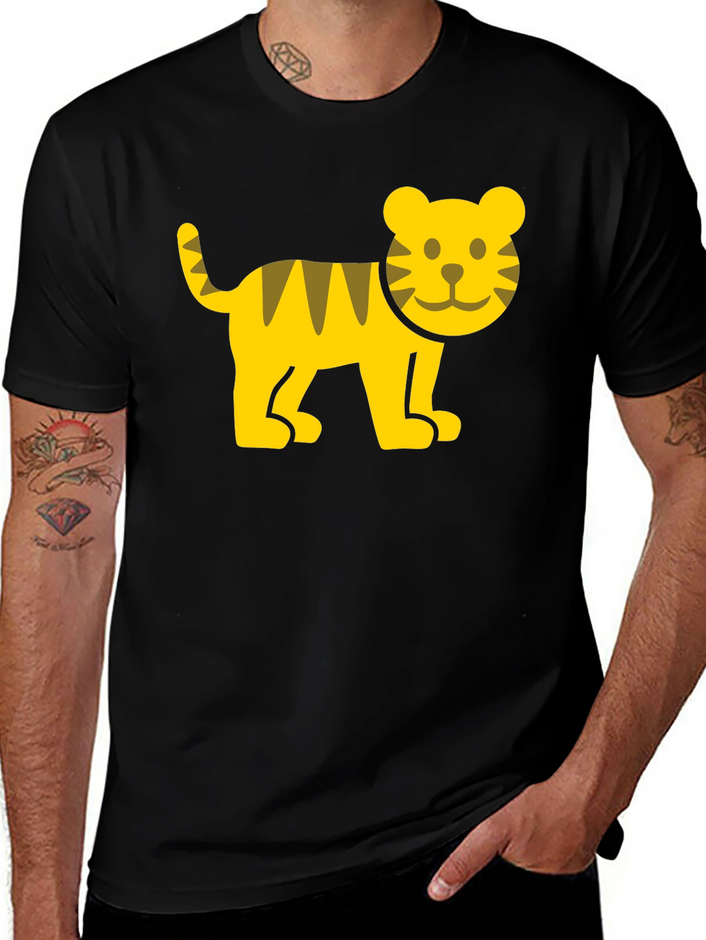 Cute Cartoon Tiger Graphic T-Shirt - Black