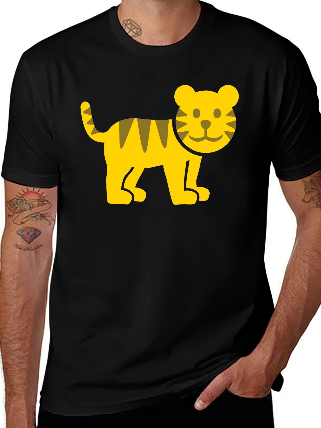 Cute Cartoon Tiger Graphic T-Shirt - Black