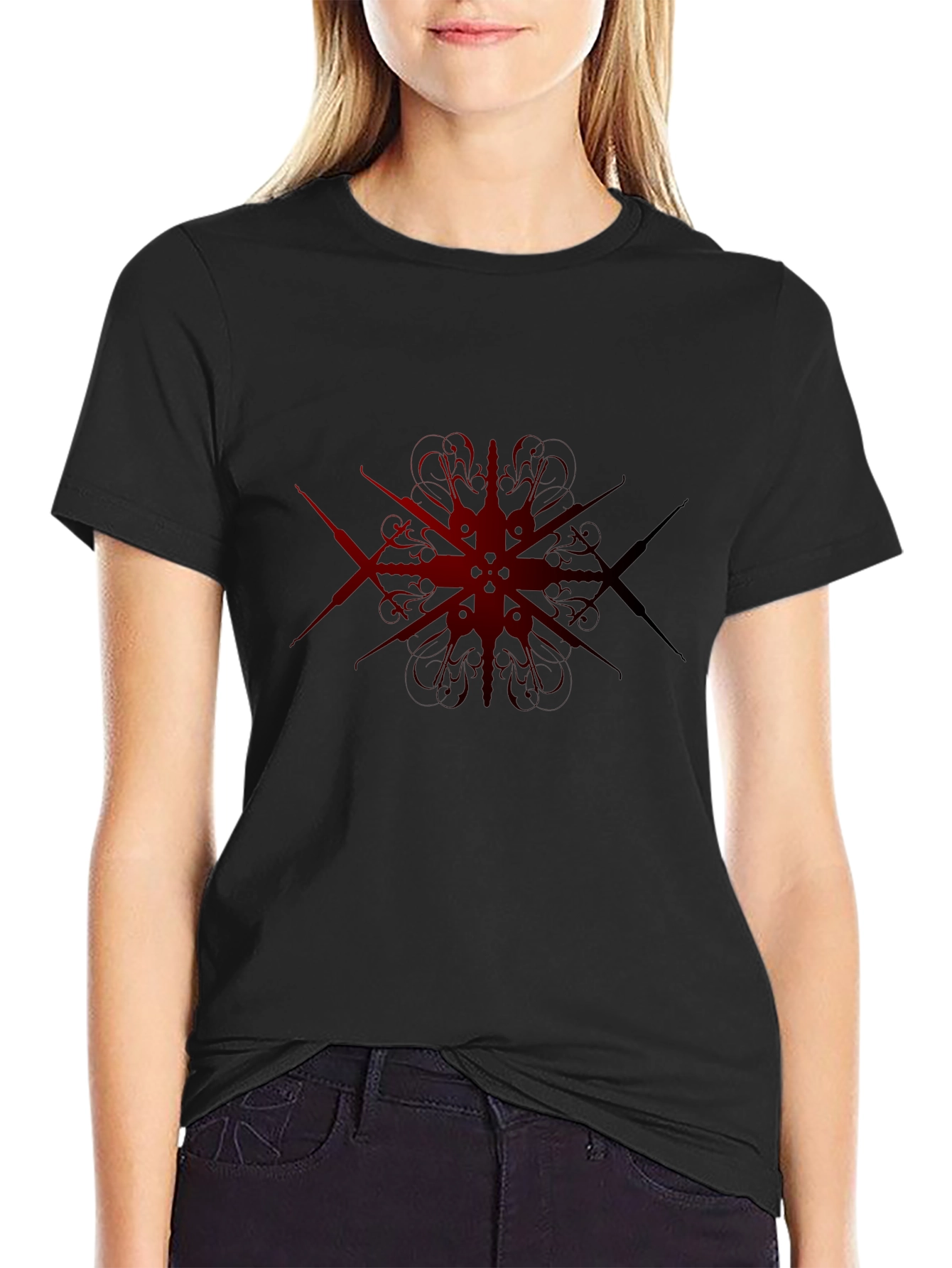 Dark Red Geometric Design Black T-Shirt