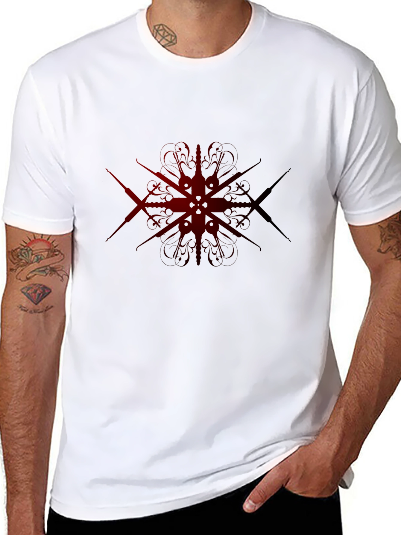 Dark Red Geometric Design Black T-Shirt