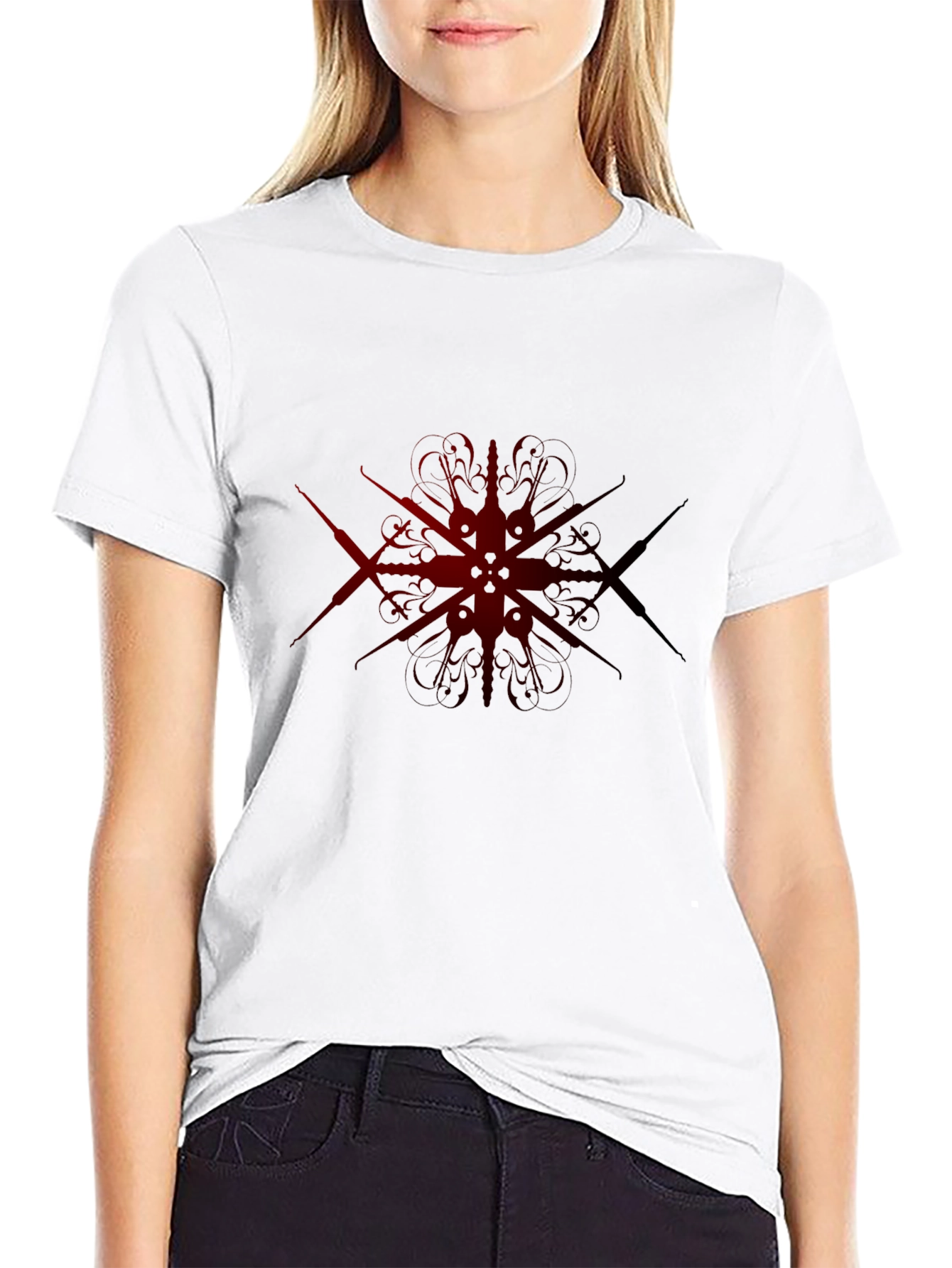 Dark Red Geometric Design Black T-Shirt