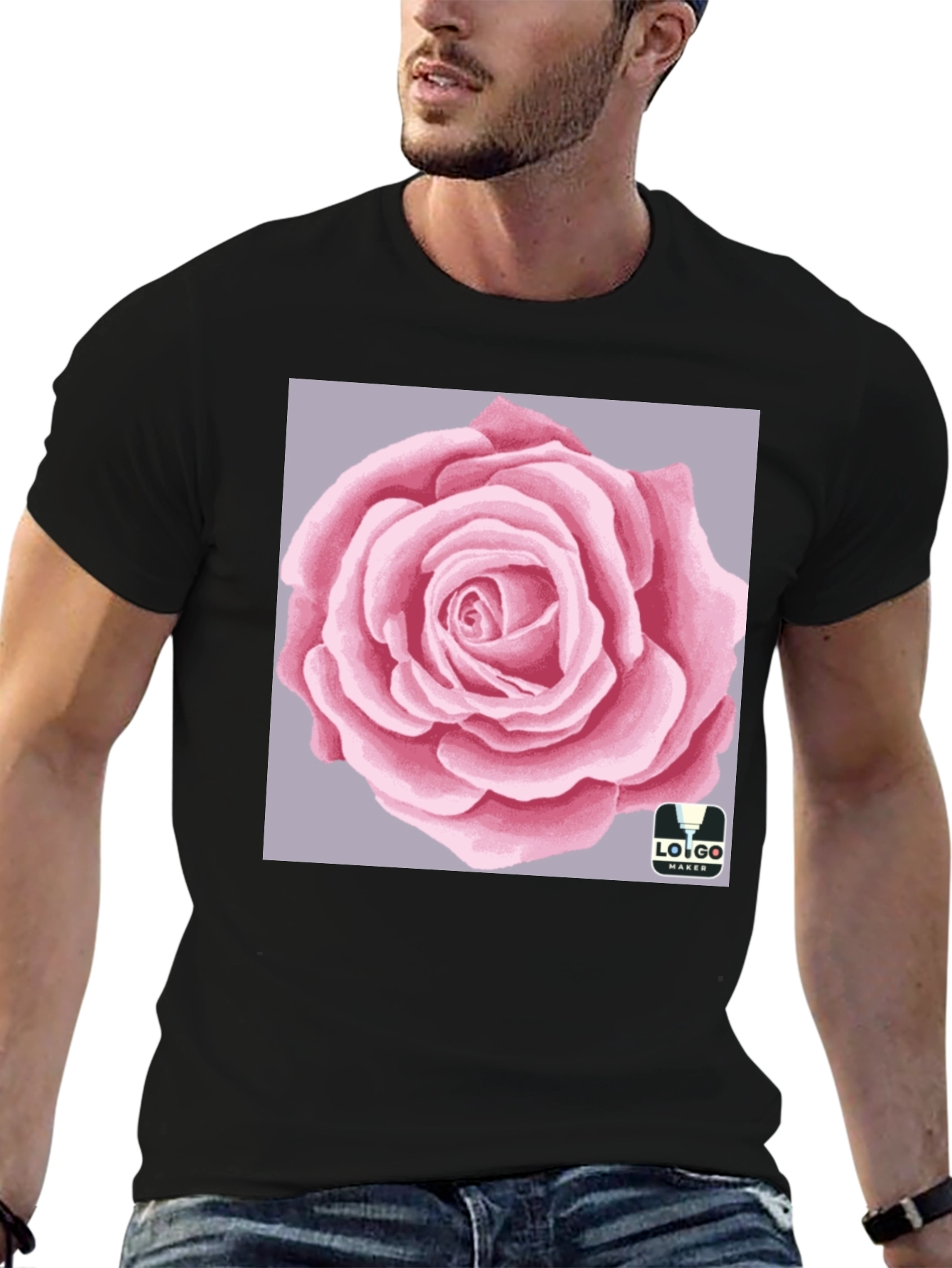 Mens Black T-Shirt with Rose Graphic