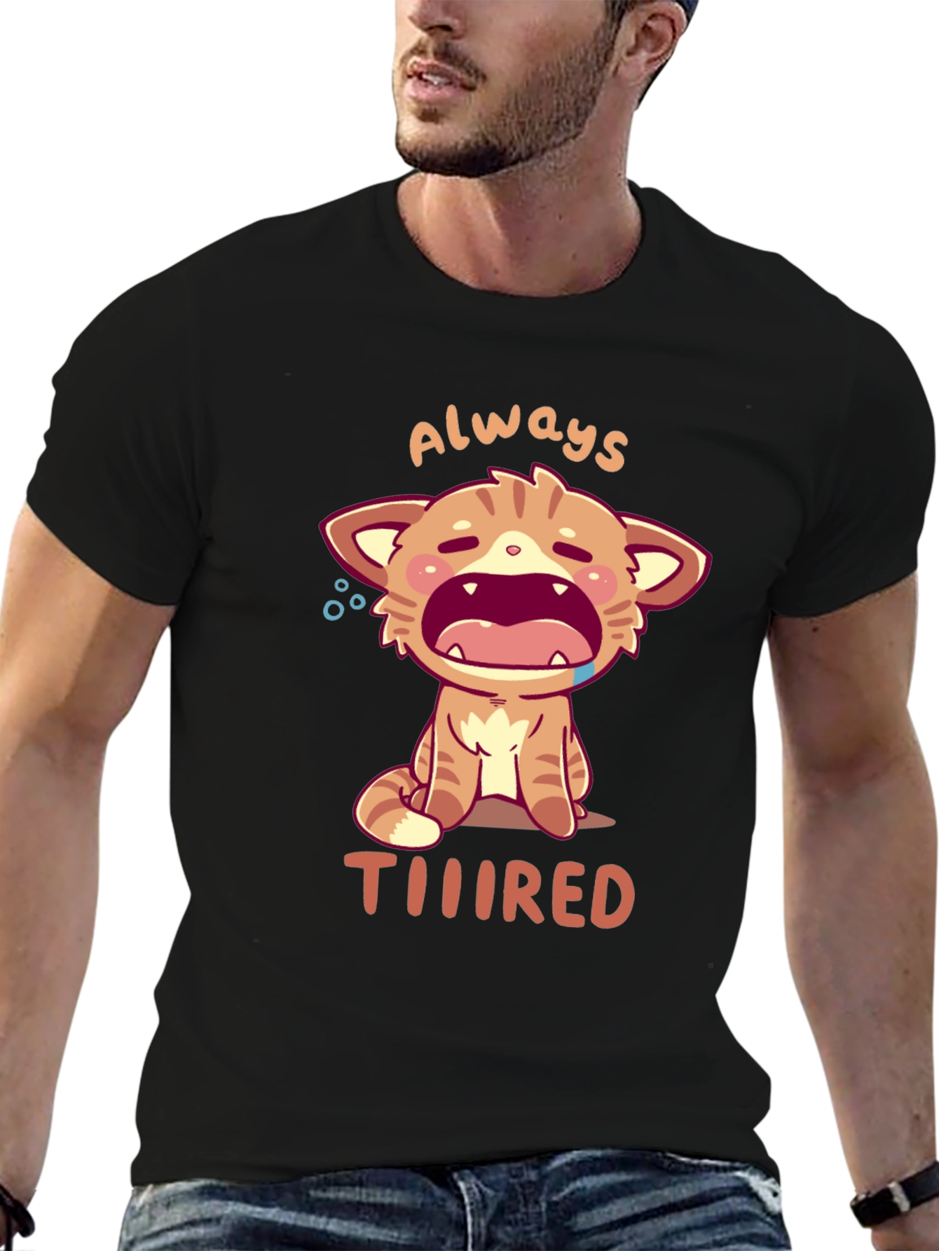 Always Tiiiired Cat Graphic Tee - Black Cotton T-Shirt