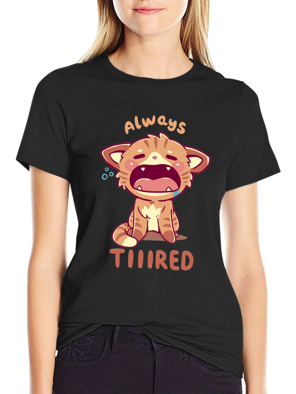 Always Tiiiired Cat Graphic Tee - Black Cotton T-Shirt