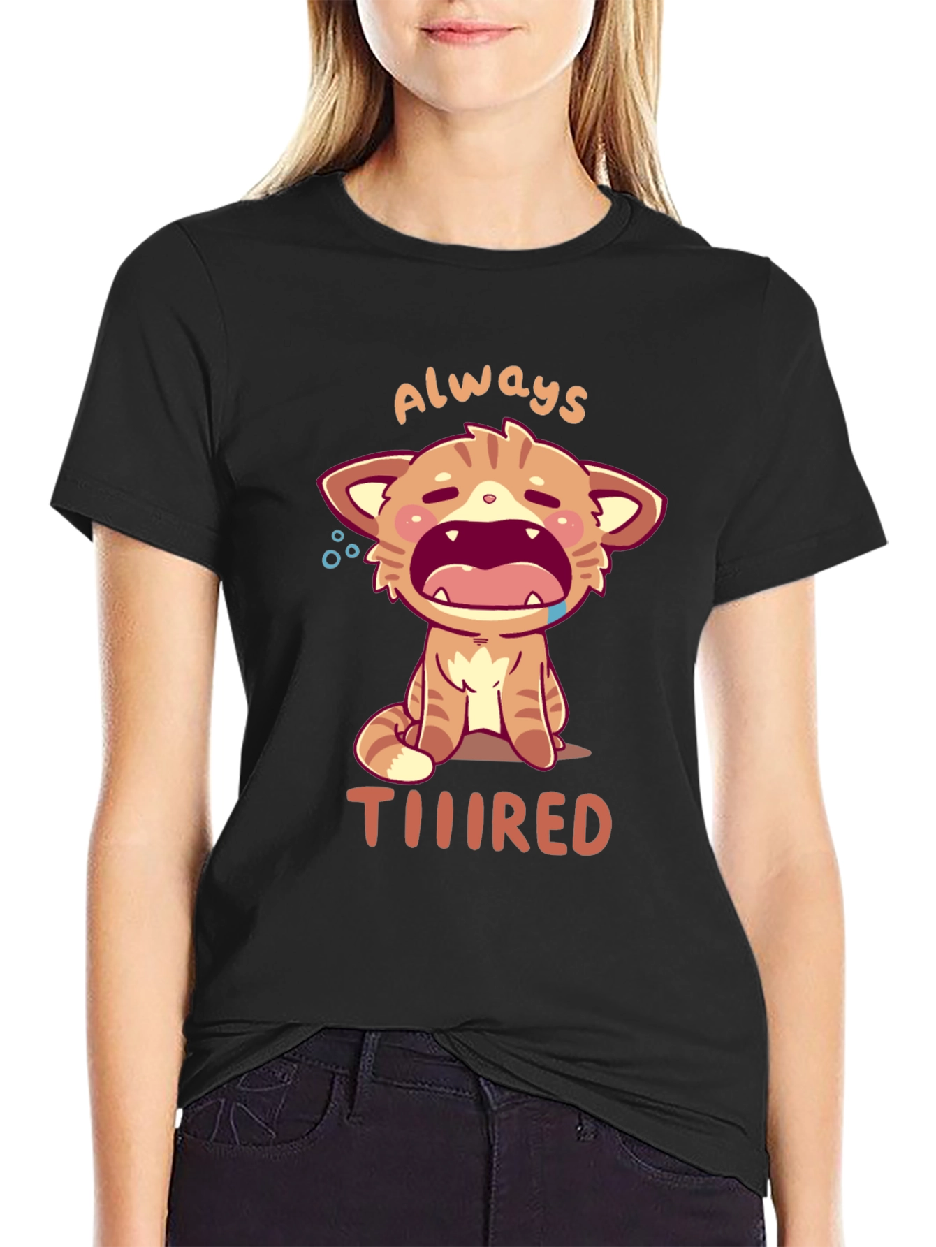 Always Tiiiired Cat Graphic Tee - Black Cotton T-Shirt