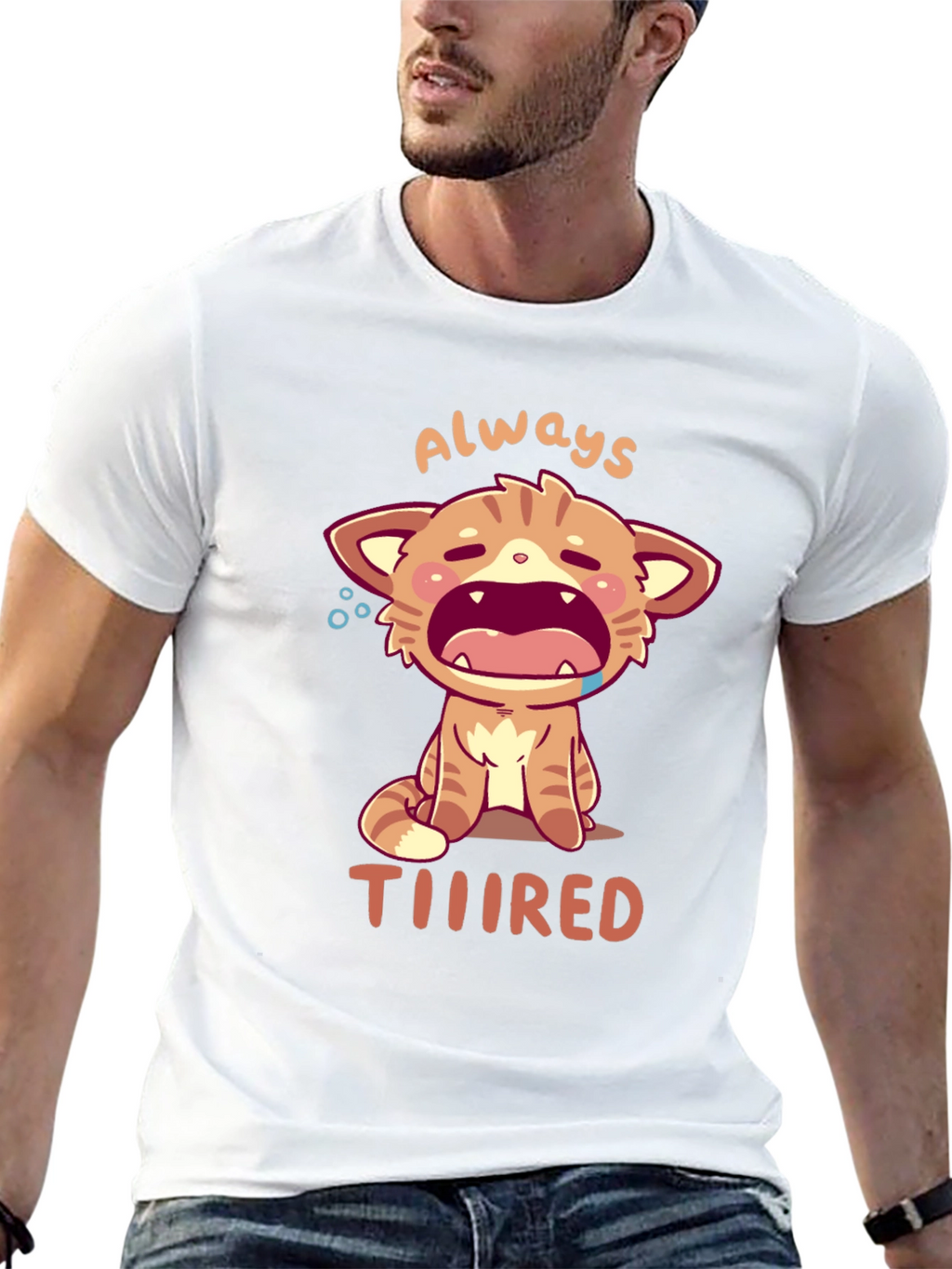 Always Tiiiired Cat Graphic Tee - Black Cotton T-Shirt