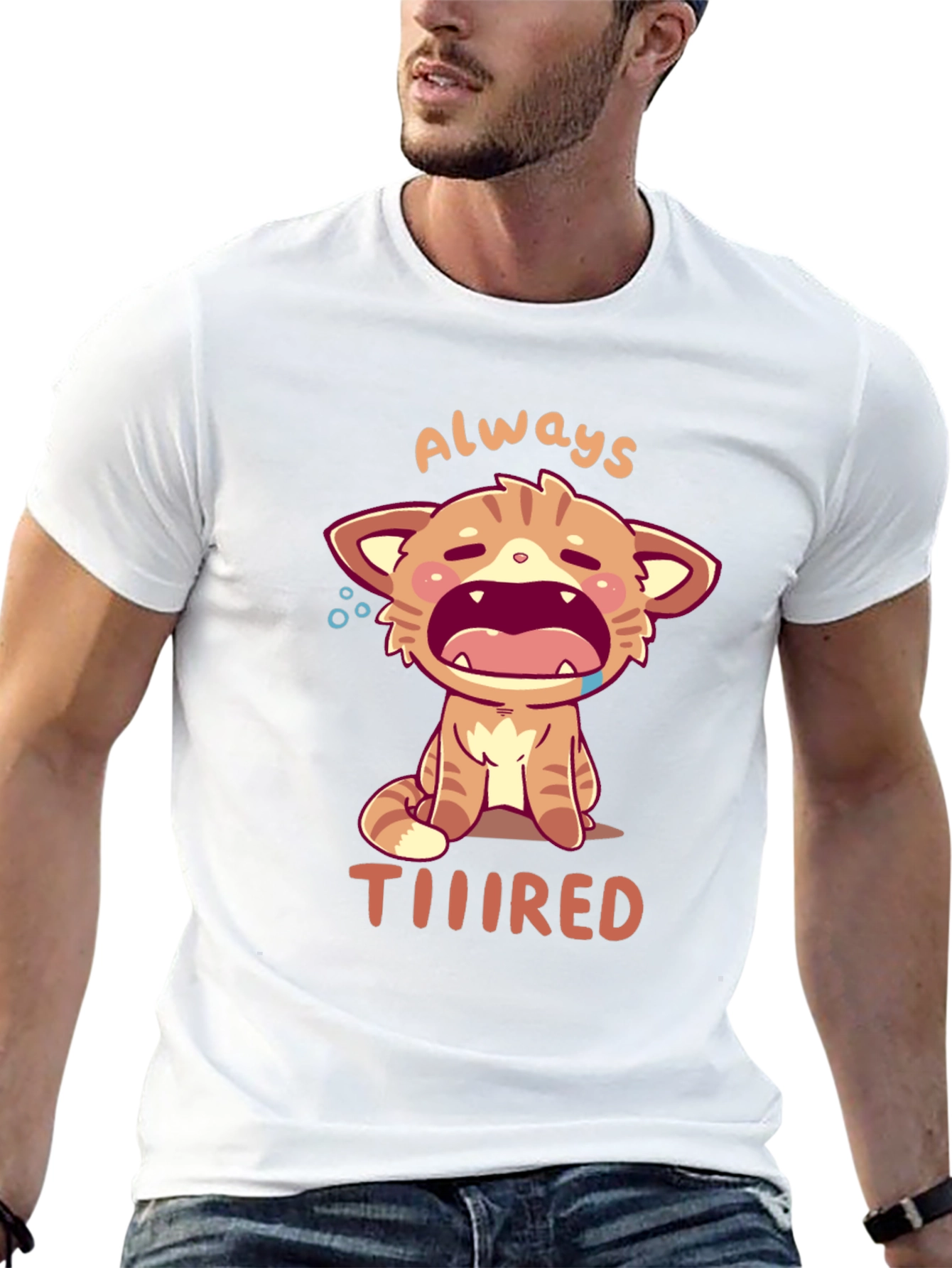 Always Tiiiired Cat Graphic Tee - Black Cotton T-Shirt