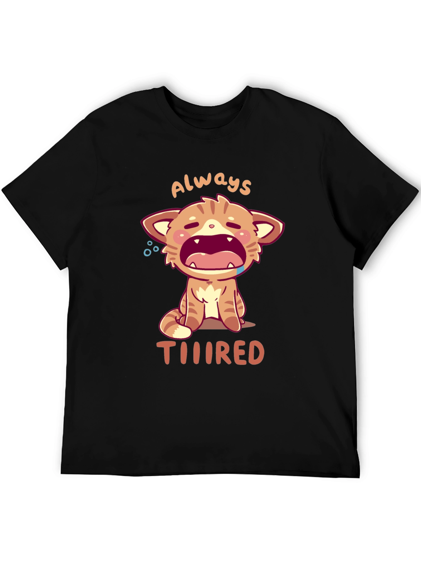 Always Tiiiired Cat Graphic Tee - Black Cotton T-Shirt