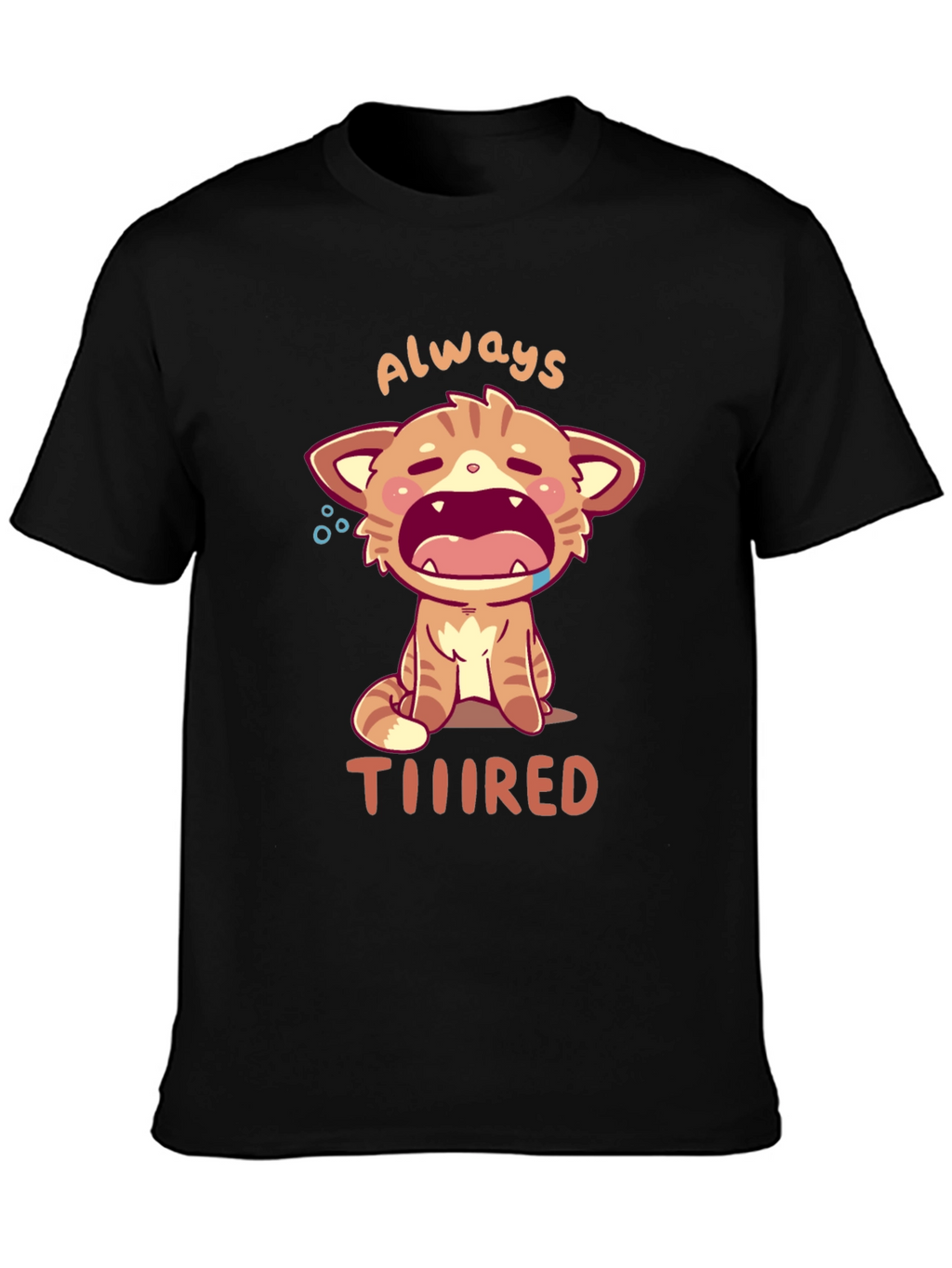 Always Tiiiired Cat Graphic Tee - Black Cotton T-Shirt