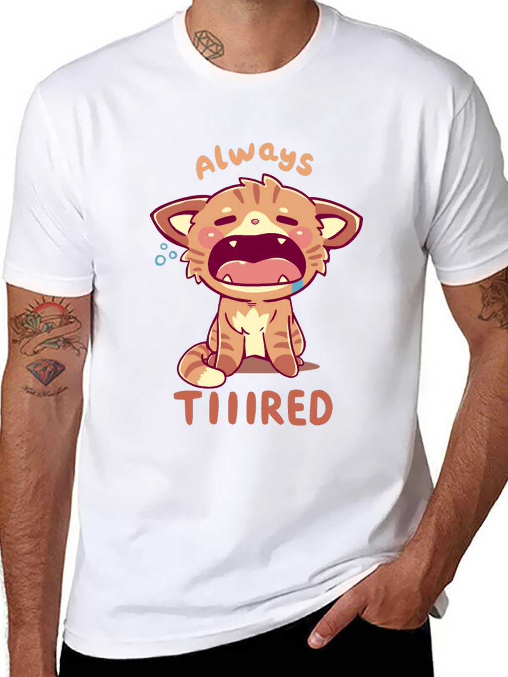 Always Tiiiired Cat Graphic Tee - Black Cotton T-Shirt