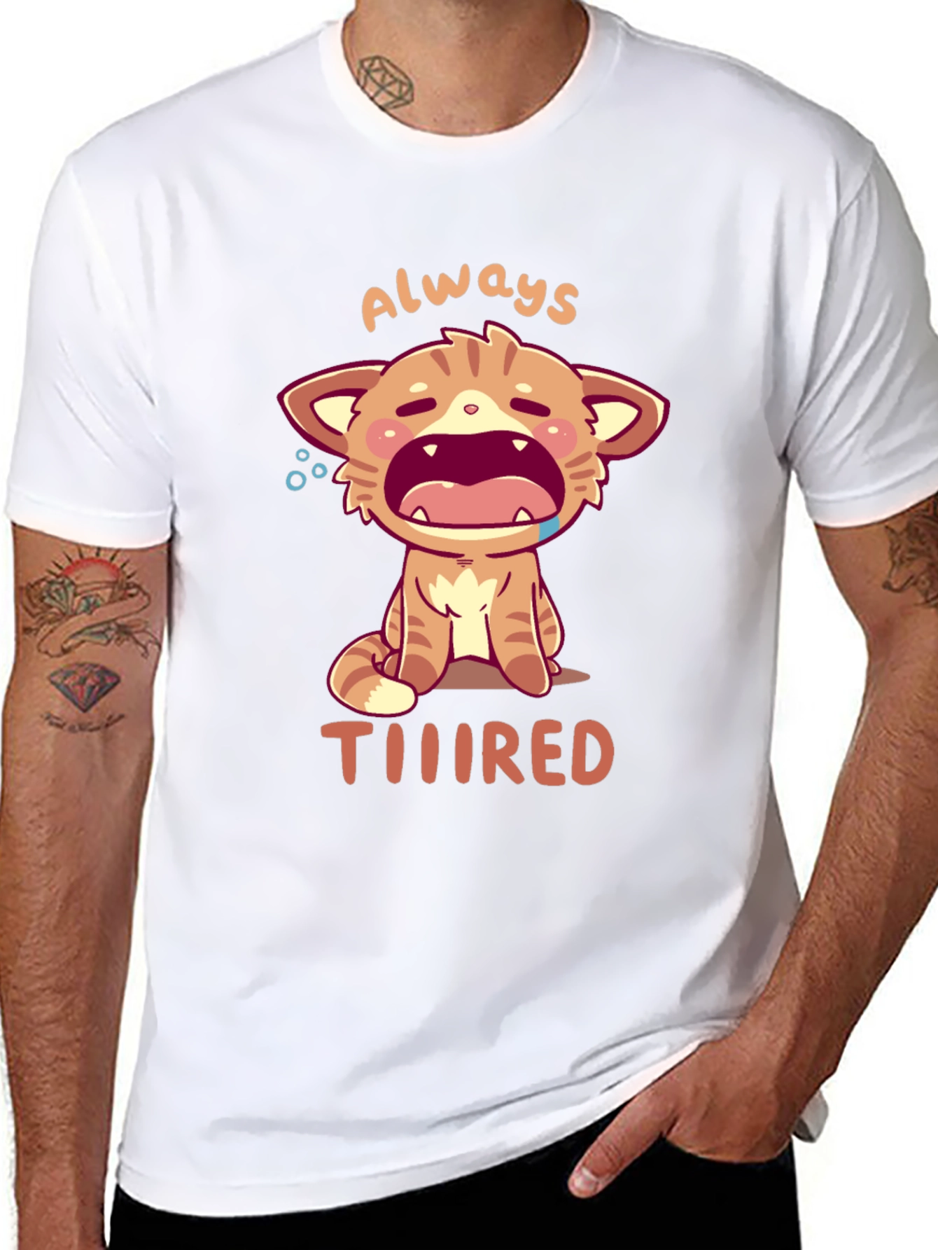 Always Tiiiired Cat Graphic Tee - Black Cotton T-Shirt