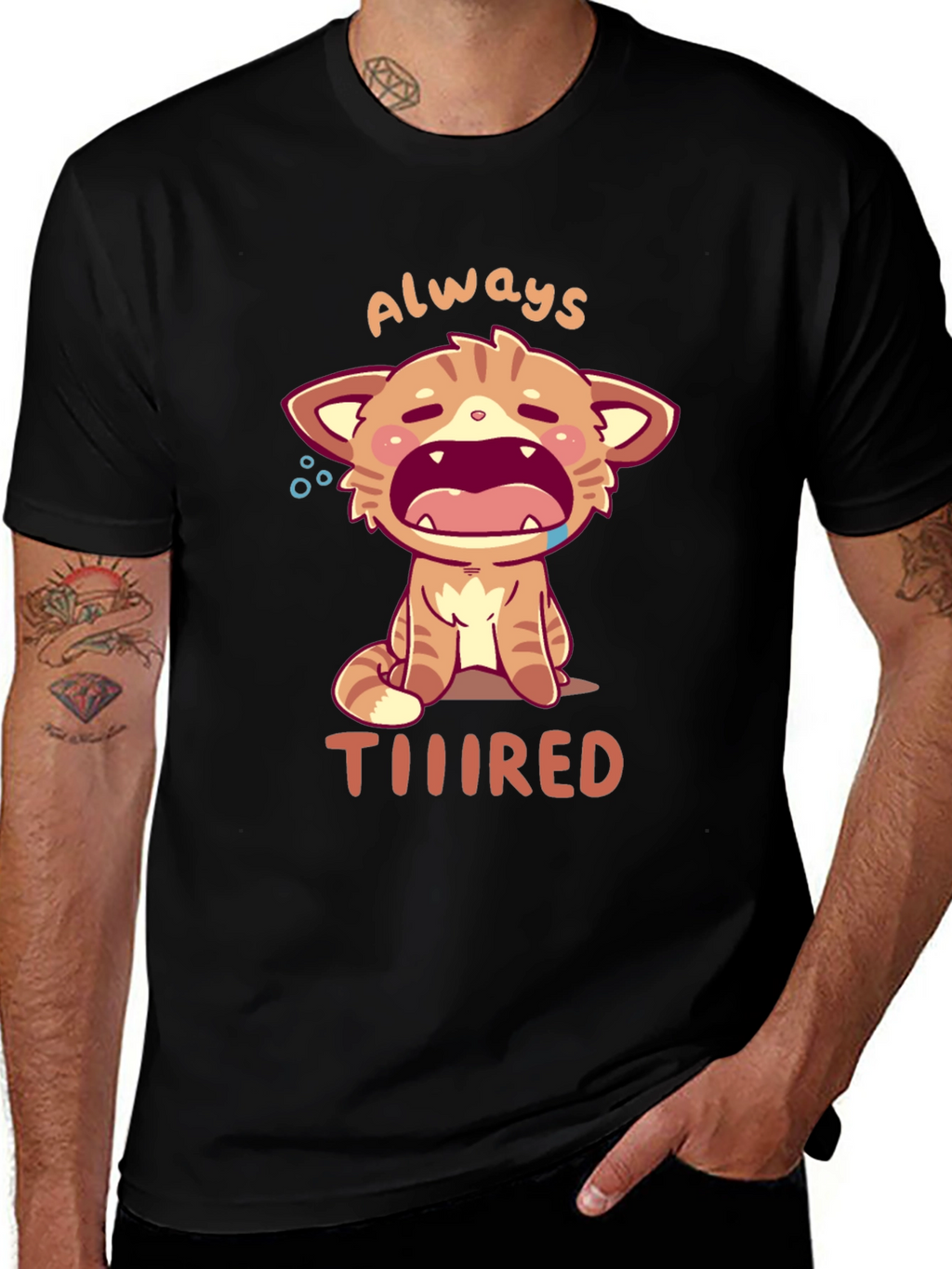 Always Tiiiired Cat Graphic Tee - Black Cotton T-Shirt