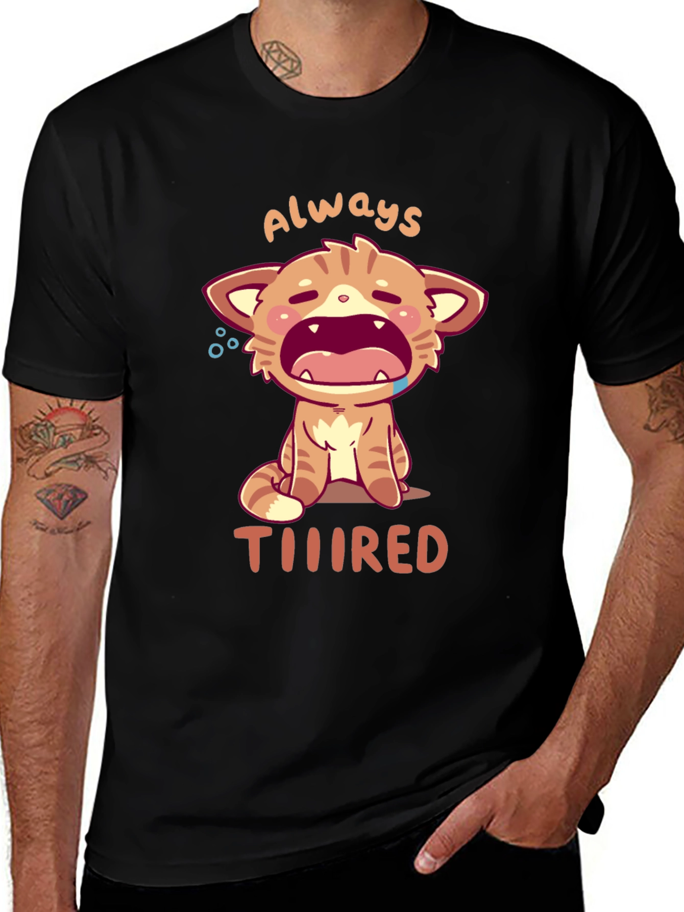 Always Tiiiired Cat Graphic Tee - Black Cotton T-Shirt