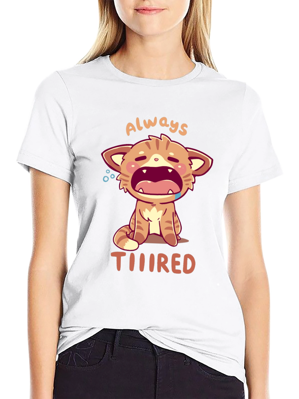 Always Tiiiired Cat Graphic Tee - Black Cotton T-Shirt